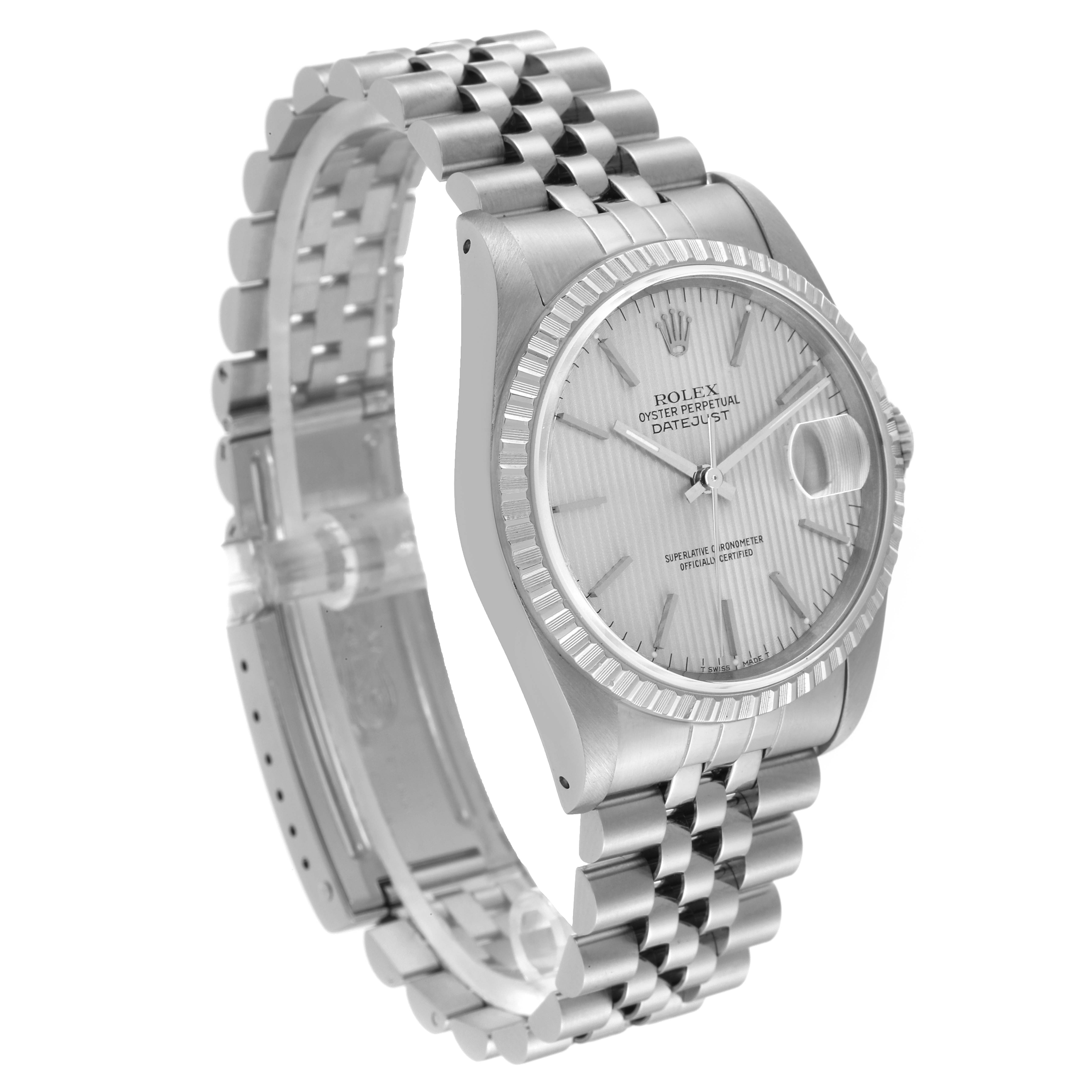 This image shows the Rolex Datejust 16220 Men's Stainless Steel Silver Dial 16220 Men's Stainless Steel Silver Dial model from a three-quarter angle, highlighting the dial, bezel, and bracelet.