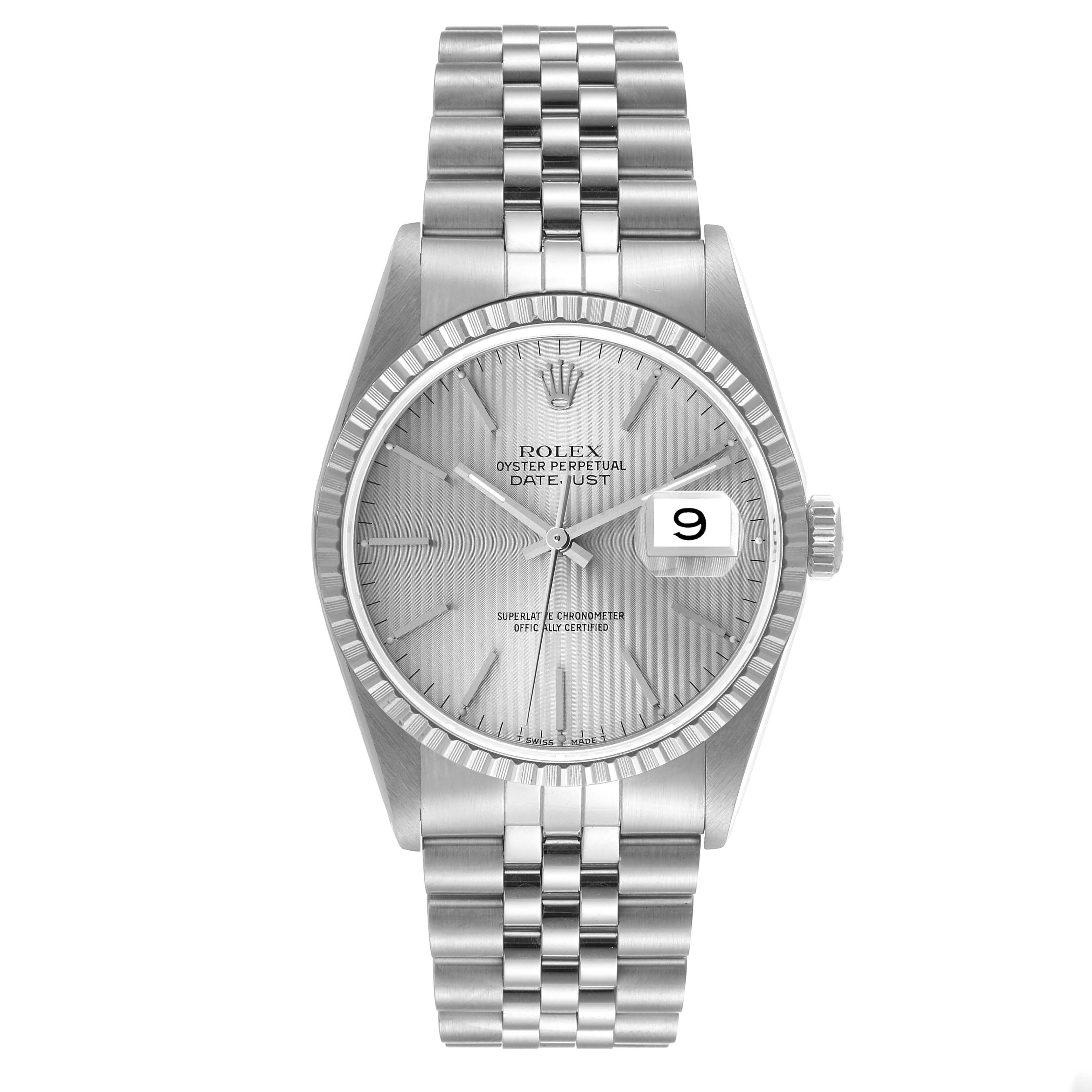 The image shows a front view of the Rolex Datejust 16220 Men's Stainless Steel Silver Dial 16220 Men's Stainless Steel Silver Dial watch, highlighting its face, fluted bezel, and Jubilee bracelet.