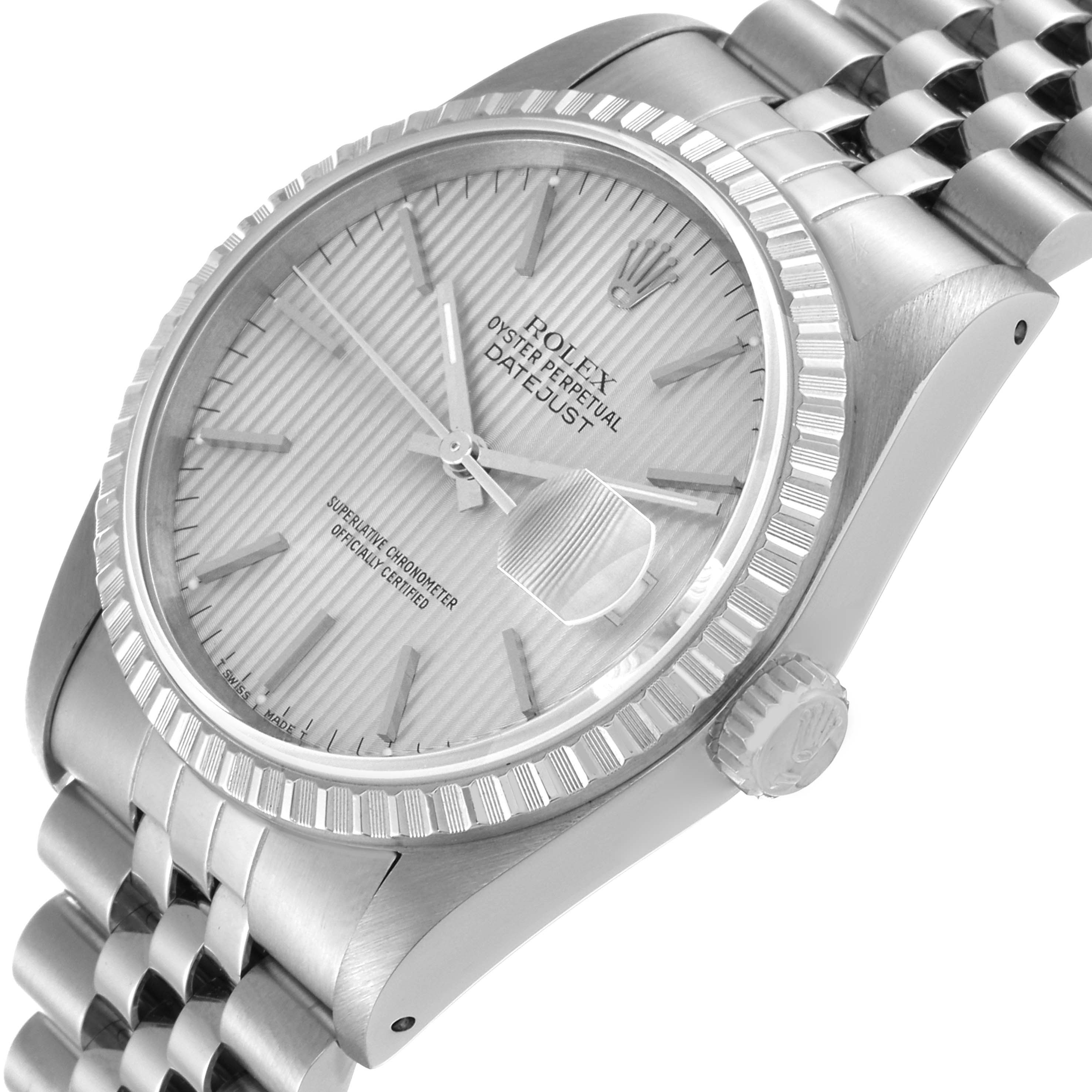 This Rolex Datejust 16220 Men's Stainless Steel Silver Dial 16220 Men's Stainless Steel Silver Dial watch is shown at a slight angle, highlighting the dial, bezel, and part of the bracelet.