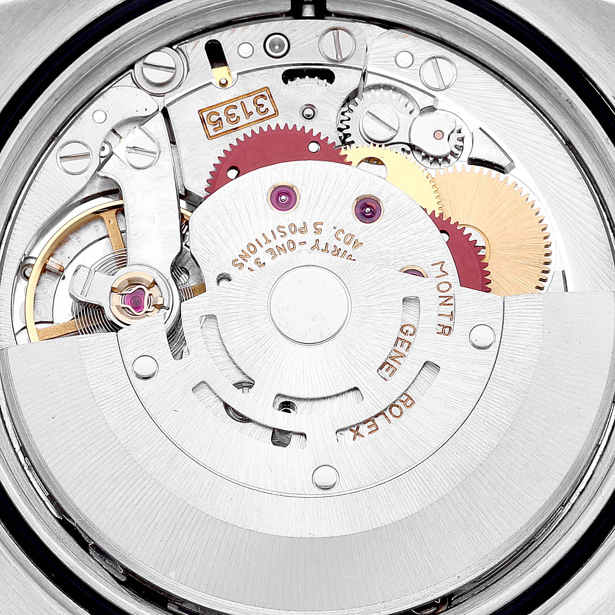 This is a close-up image of the Rolex Datejust 16220 Men's Stainless Steel Silver Dial 16220 Men's Stainless Steel Silver Dial watch movement, showing intricate gears and components.