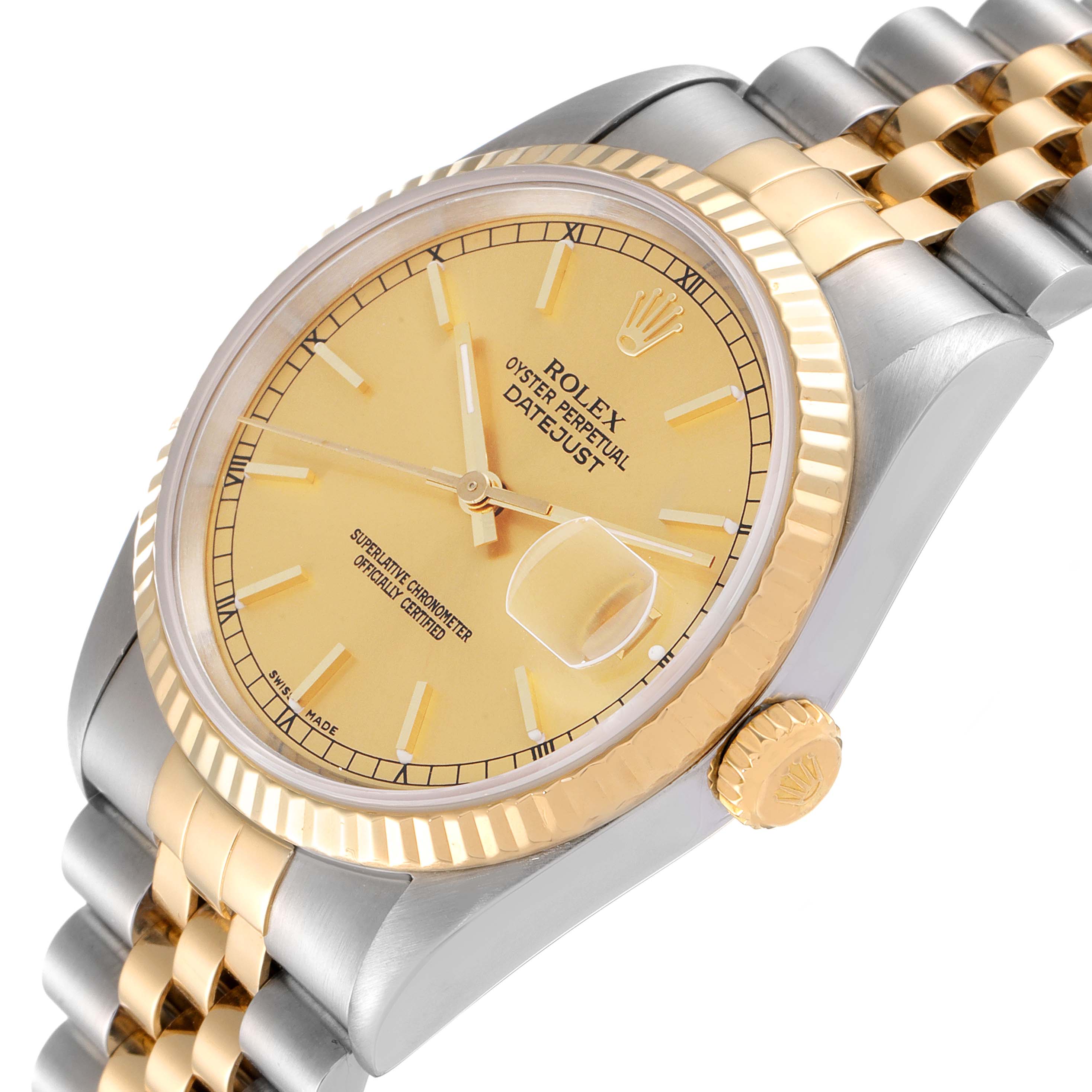 The image shows a close-up angled view of a Rolex Datejust 16233 Men's Steel and Gold (two tone) Champagne Dial 16233 Men's Steel and Gold (two tone) Champagne Dial watch, highlighting its dial, crown, and part of the bracelet.