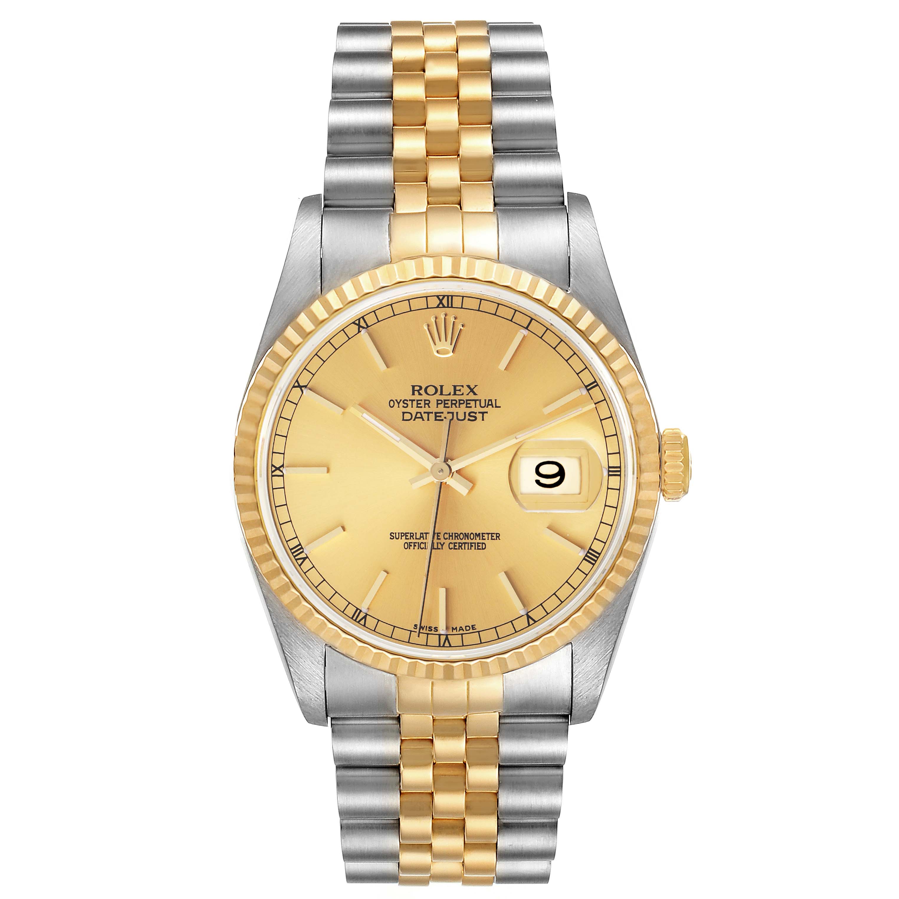This Rolex Datejust 16233 Men's Steel and Gold (two tone) Champagne Dial 16233 Men's Steel and Gold (two tone) Champagne Dial model is shown from a top-down angle, displaying the entire watch face, bezel, and bracelet.