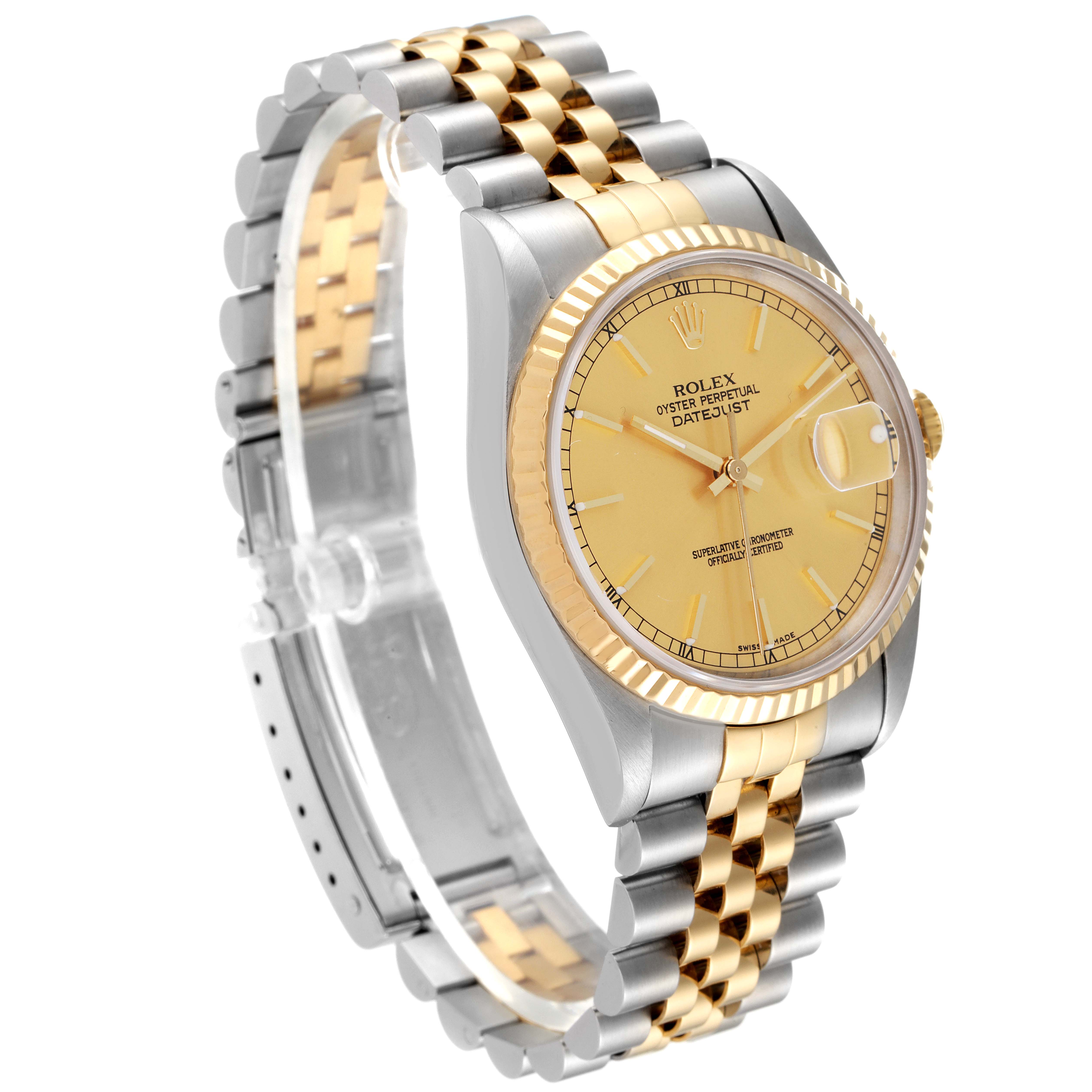 The image shows a Rolex Datejust 16233 Men's Steel and Gold (two tone) Champagne Dial 16233 Men's Steel and Gold (two tone) Champagne Dial watch at a three-quarter angle, featuring its gold and silver bracelet and champagne dial with date display.