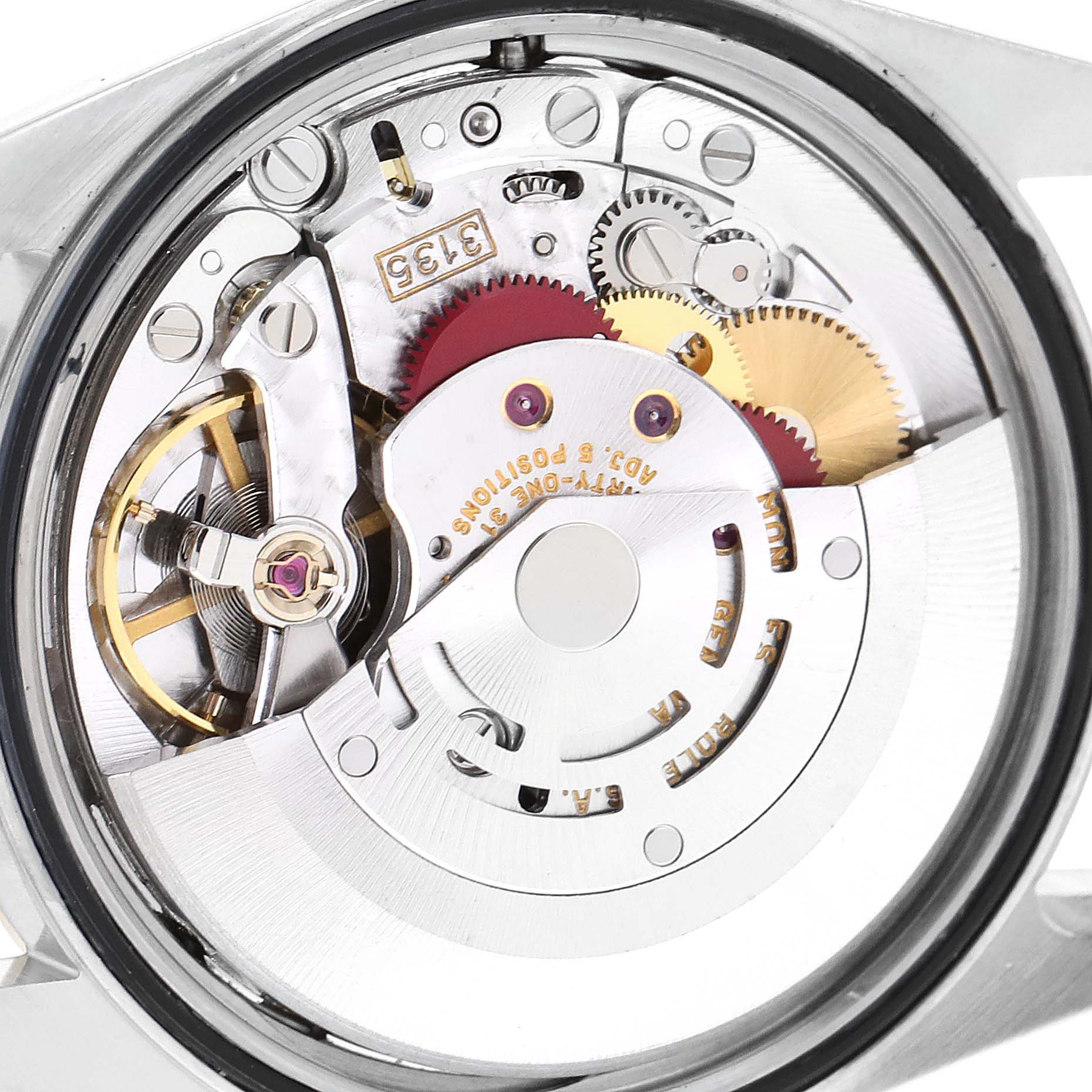 This image shows the exposed movement and internal mechanism of a Rolex Datejust 16233 Men's Steel and Gold (two tone) Champagne Dial 16233 Men's Steel and Gold (two tone) Champagne Dial watch from a close-up, rear angle.