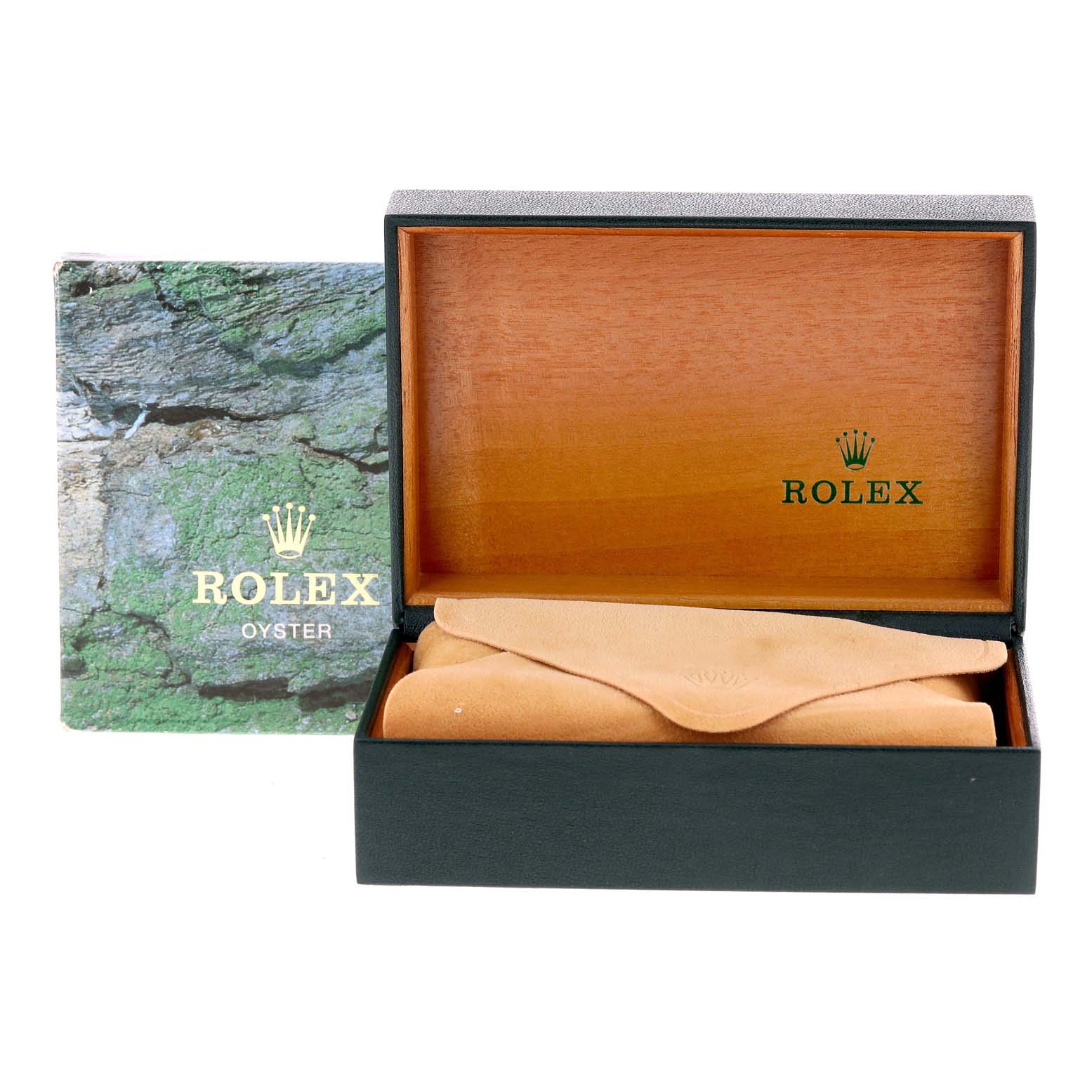 The image shows the open box and protective pouch for a Rolex Datejust 16233 Men's Steel and Gold (two tone) Champagne Dial 16233 Men's Steel and Gold (two tone) Champagne Dial watch with the outer sleeve in the background.