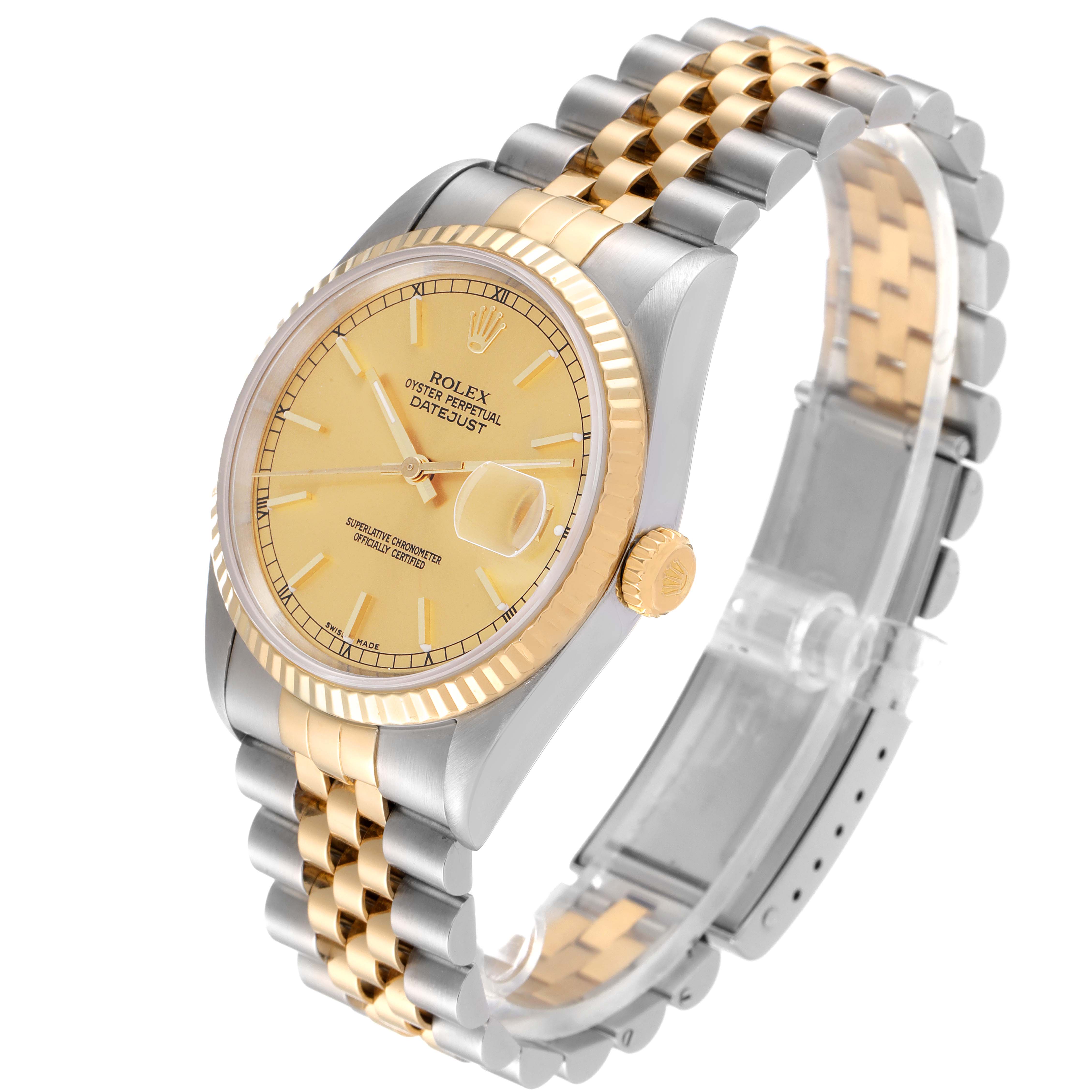 The Rolex Datejust 16233 Men's Steel and Gold (two tone) Champagne Dial 16233 Men's Steel and Gold (two tone) Champagne Dial watch is shown at an angled side view, displaying its gold dial, bezel, crown, and two-tone bracelet.