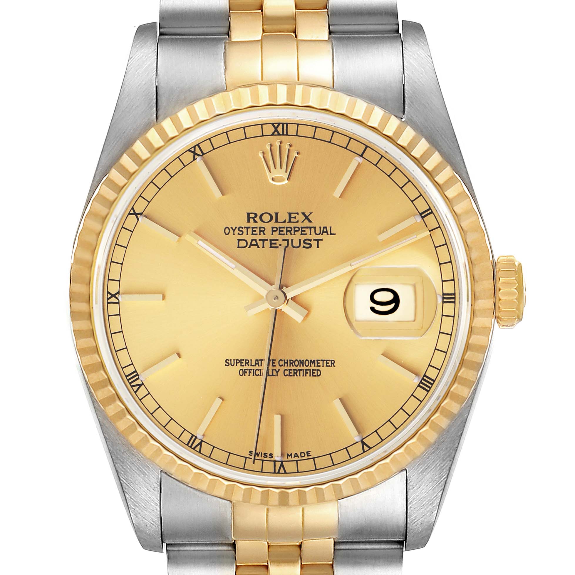 The image shows a front view of the Rolex Datejust 16233 Men's Steel and Gold (two tone) Champagne Dial 16233 Men's Steel and Gold (two tone) Champagne Dial watch, highlighting the gold dial, date window, and two-tone bracelet.
