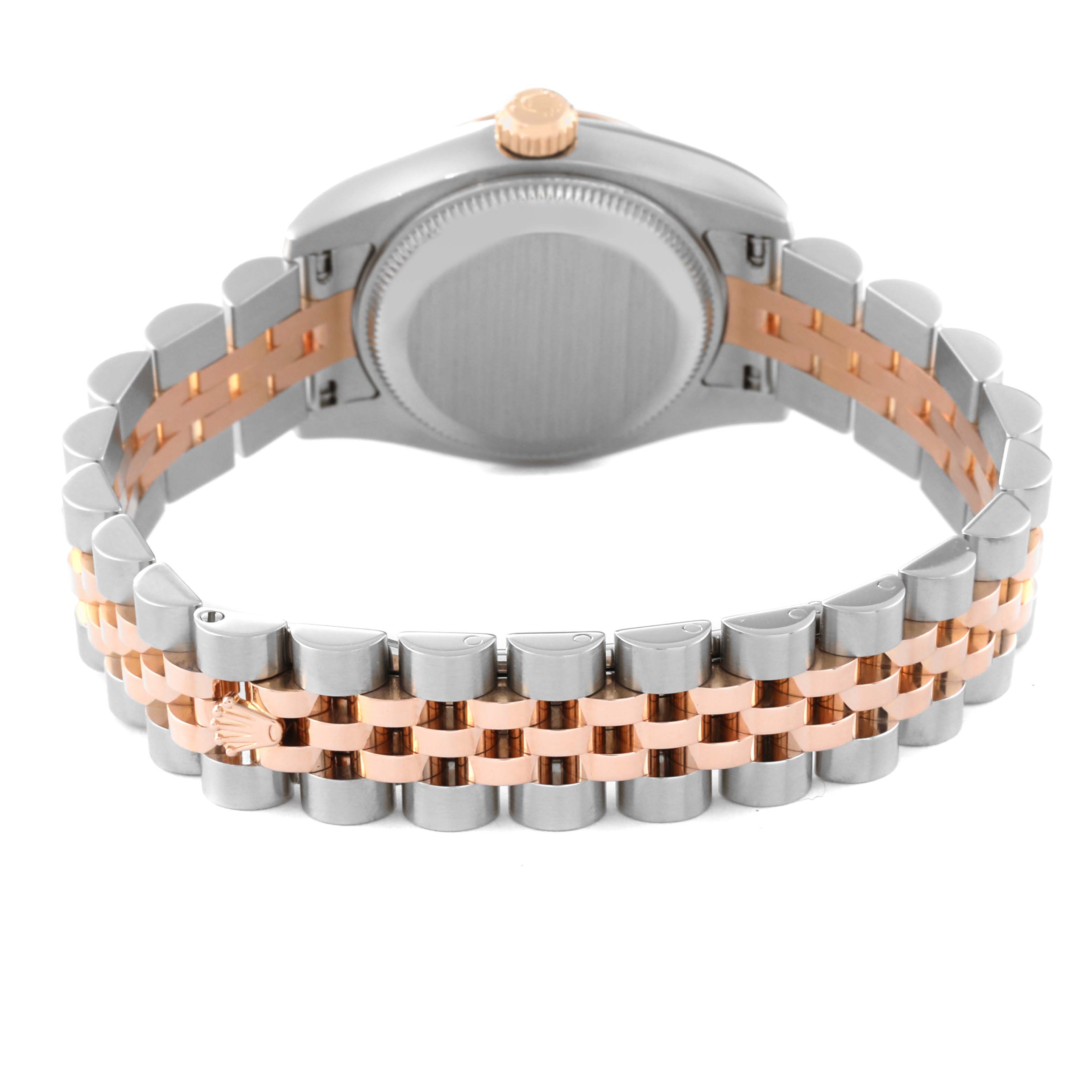 This image shows the back view of a Rolex Datejust 179171NR Women's Steel and Gold (two tone) Mother of Pearl Dial 179171NR Women's Steel and Gold (two tone) Mother of Pearl Dial watch, highlighting its bi-color bracelet and case back.