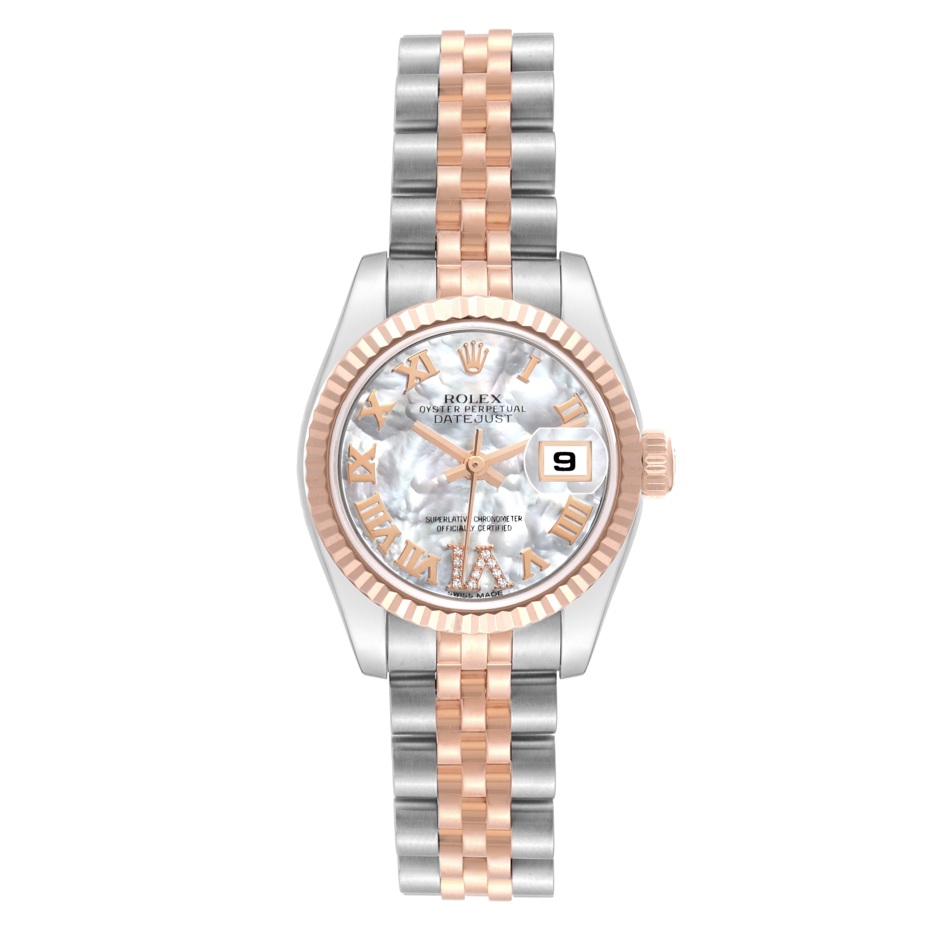 The image shows a Rolex Datejust 179171NR Women's Steel and Gold (two tone) Mother of Pearl Dial 179171NR Women's Steel and Gold (two tone) Mother of Pearl Dial watch front view, displaying the dial, bezel, date window, and jubilee bracelet.