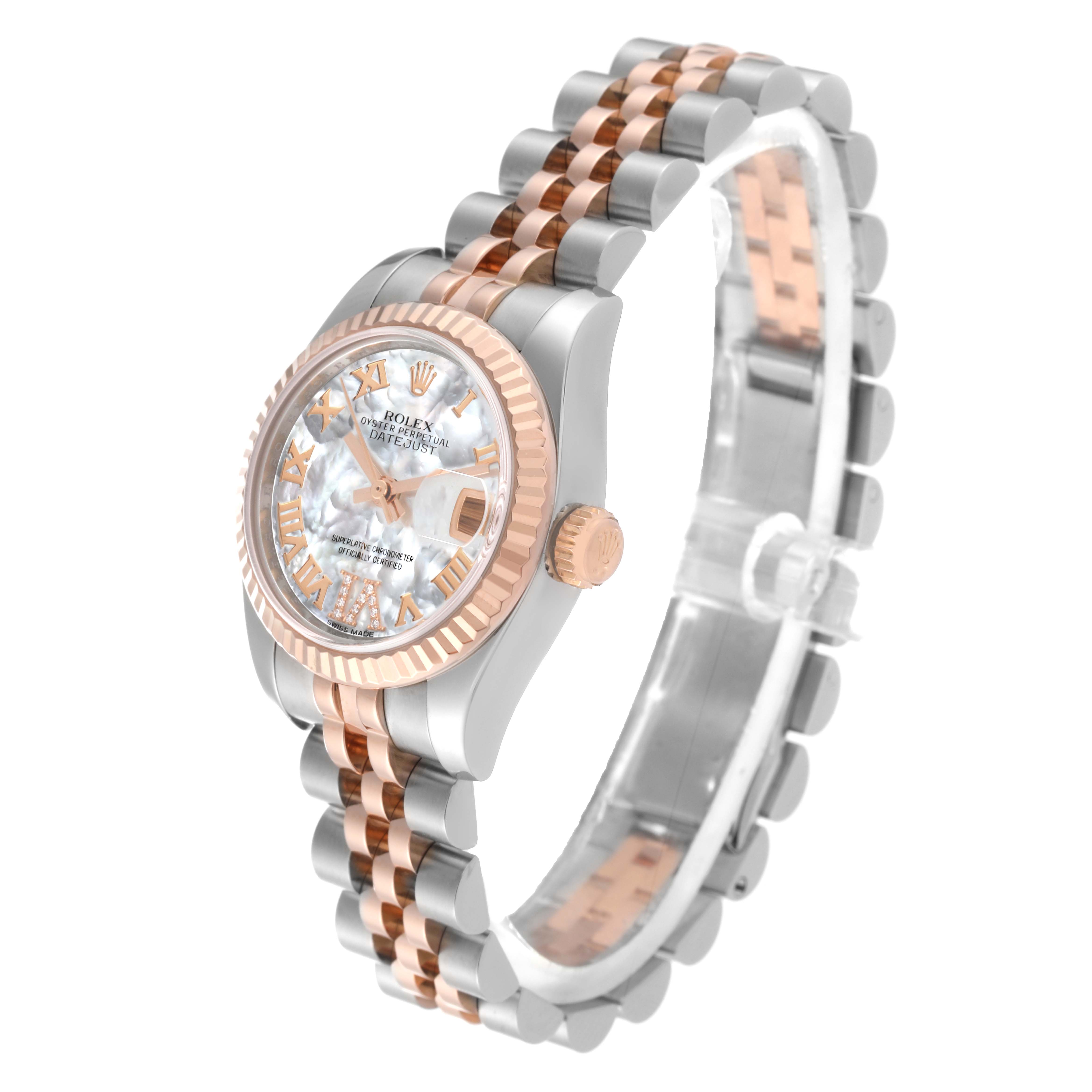 The Rolex Datejust 179171NR Women's Steel and Gold (two tone) Mother of Pearl Dial 179171NR Women's Steel and Gold (two tone) Mother of Pearl Dial watch is shown at a three-quarter angle, highlighting the face, bezel, and bracelet.