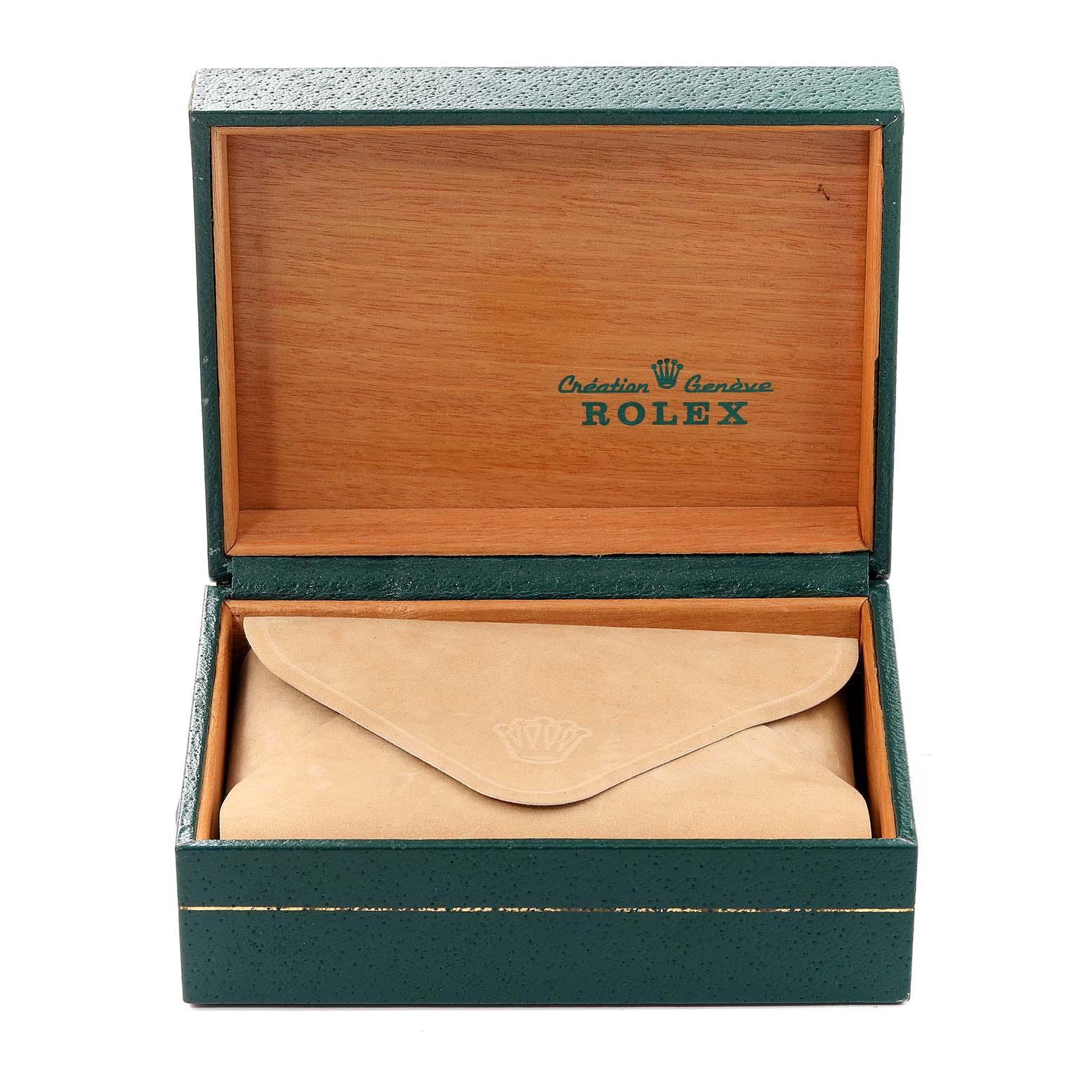 The image shows an open Rolex Vintage Collection 1601 Men's Stainless Steel Black Dial 1601 Men's Stainless Steel Black Dial watch box, revealing a beige pouch inside.