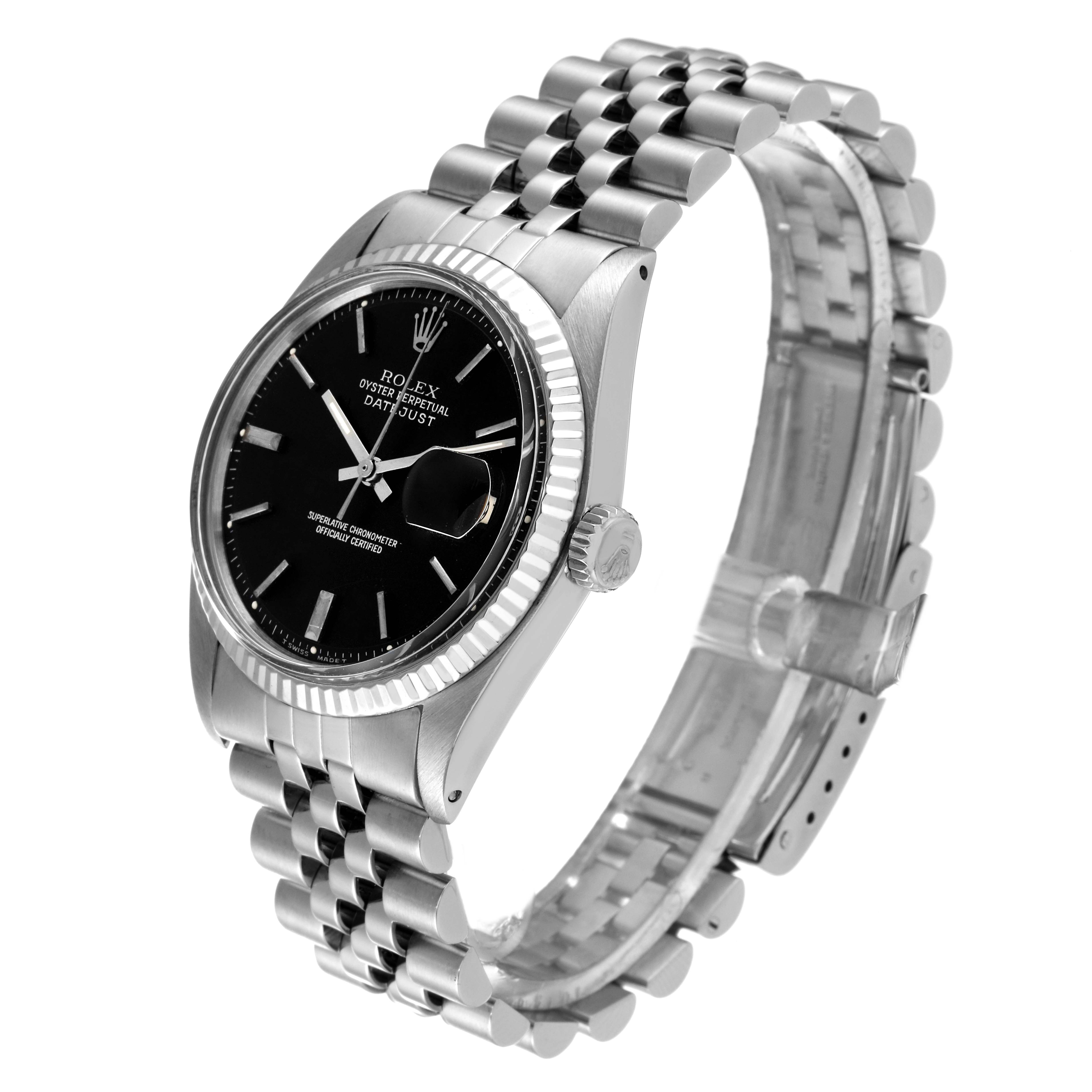 The Rolex Vintage Collection 1601 Men's Stainless Steel Black Dial 1601 Men's Stainless Steel Black Dial model is shown at a three-quarter angle, highlighting the black dial, bezel, crown, and metal bracelet.