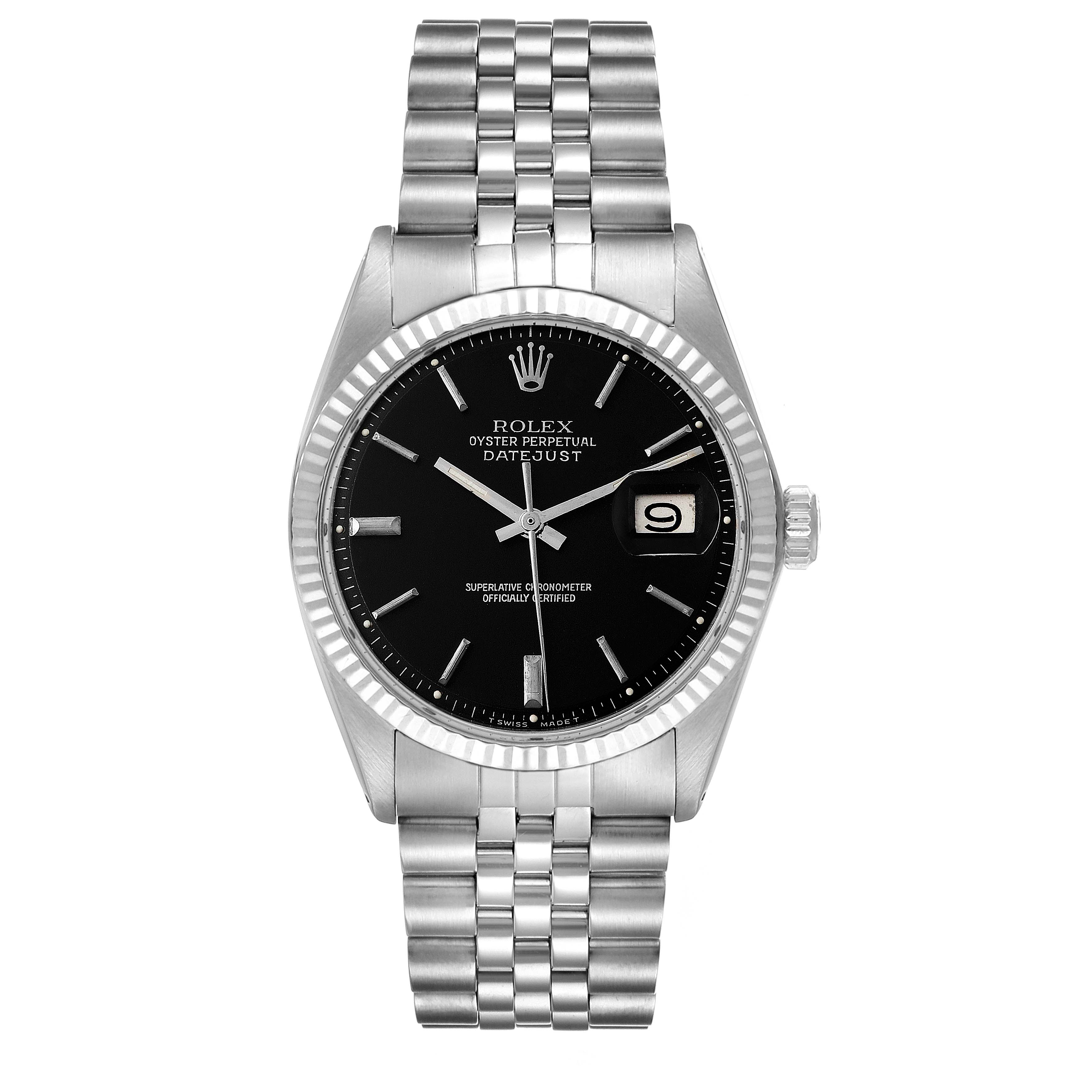 The Rolex Vintage Collection 1601 Men's Stainless Steel Black Dial 1601 Men's Stainless Steel Black Dial model is shown from a front angle, displaying the face, case, and bracelet.