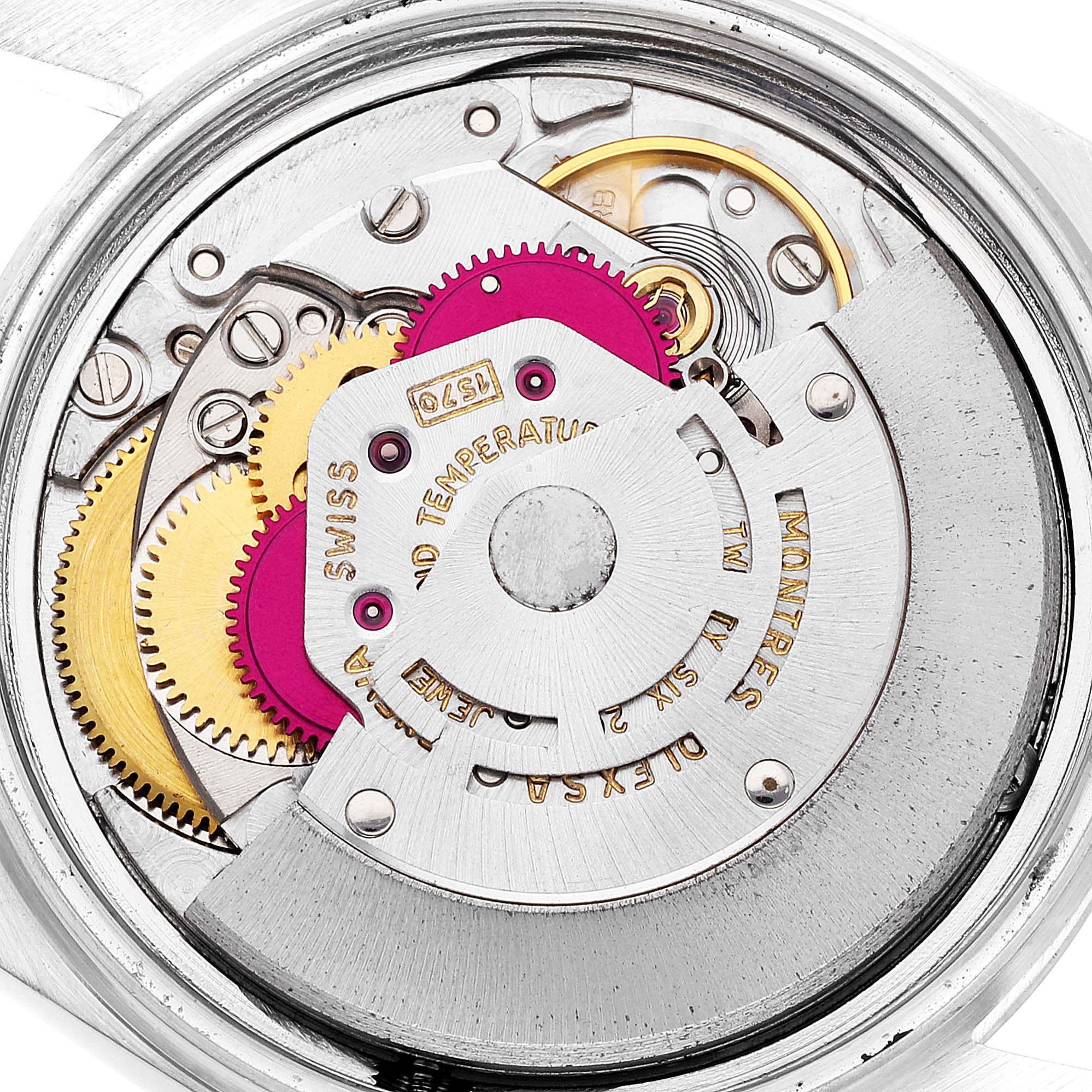 The image shows the internal mechanical movement of a Rolex Vintage Collection 1601 Men's Stainless Steel Black Dial 1601 Men's Stainless Steel Black Dial watch from a top-down angle.