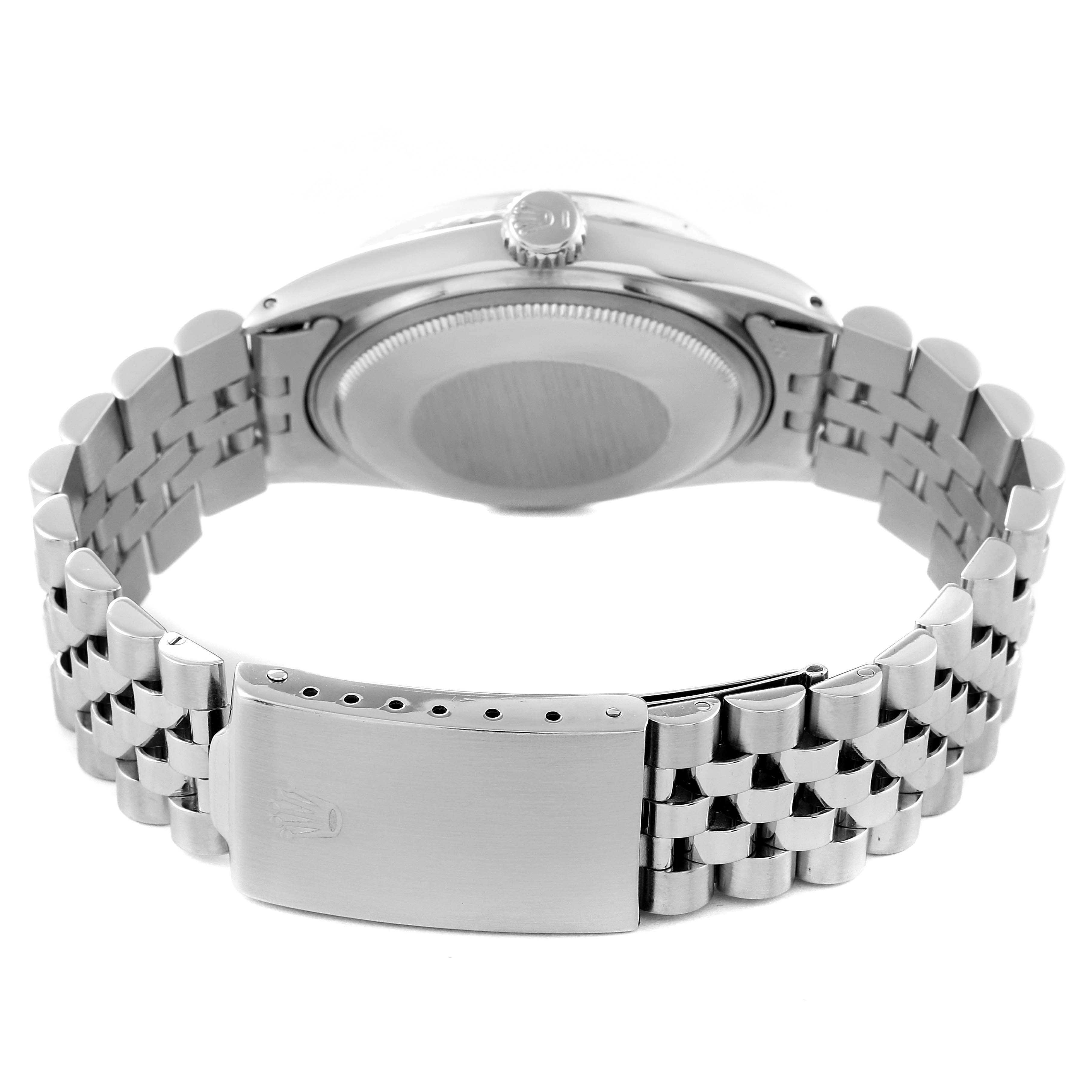 The image shows the backside and bracelet of a Rolex Vintage Collection 1601 Men's Stainless Steel Black Dial 1601 Men's Stainless Steel Black Dial model watch.