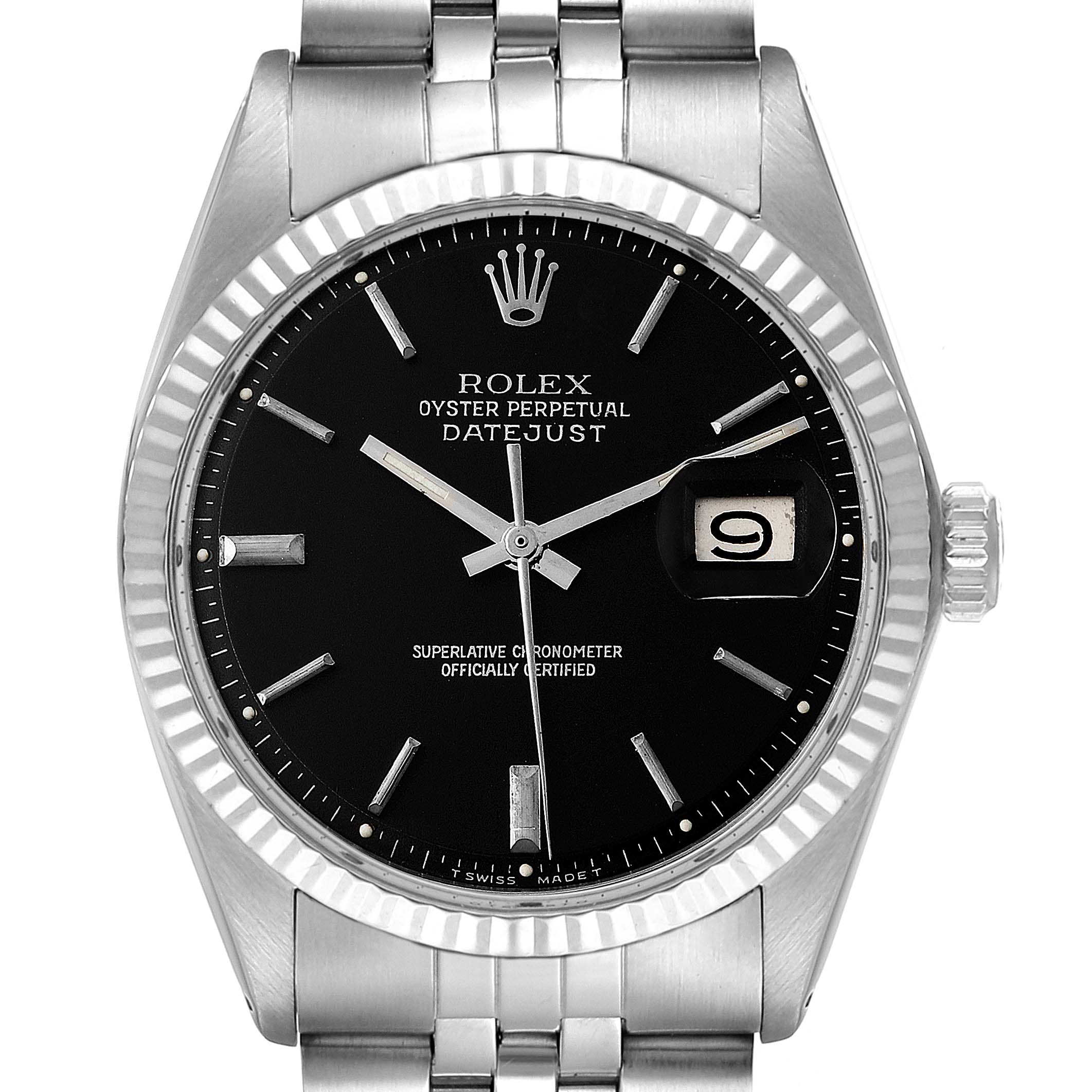 The image shows a front view of the Rolex Vintage Collection 1601 Men's Stainless Steel Black Dial 1601 Men's Stainless Steel Black Dial model, featuring its dial, crown, and part of the bracelet.