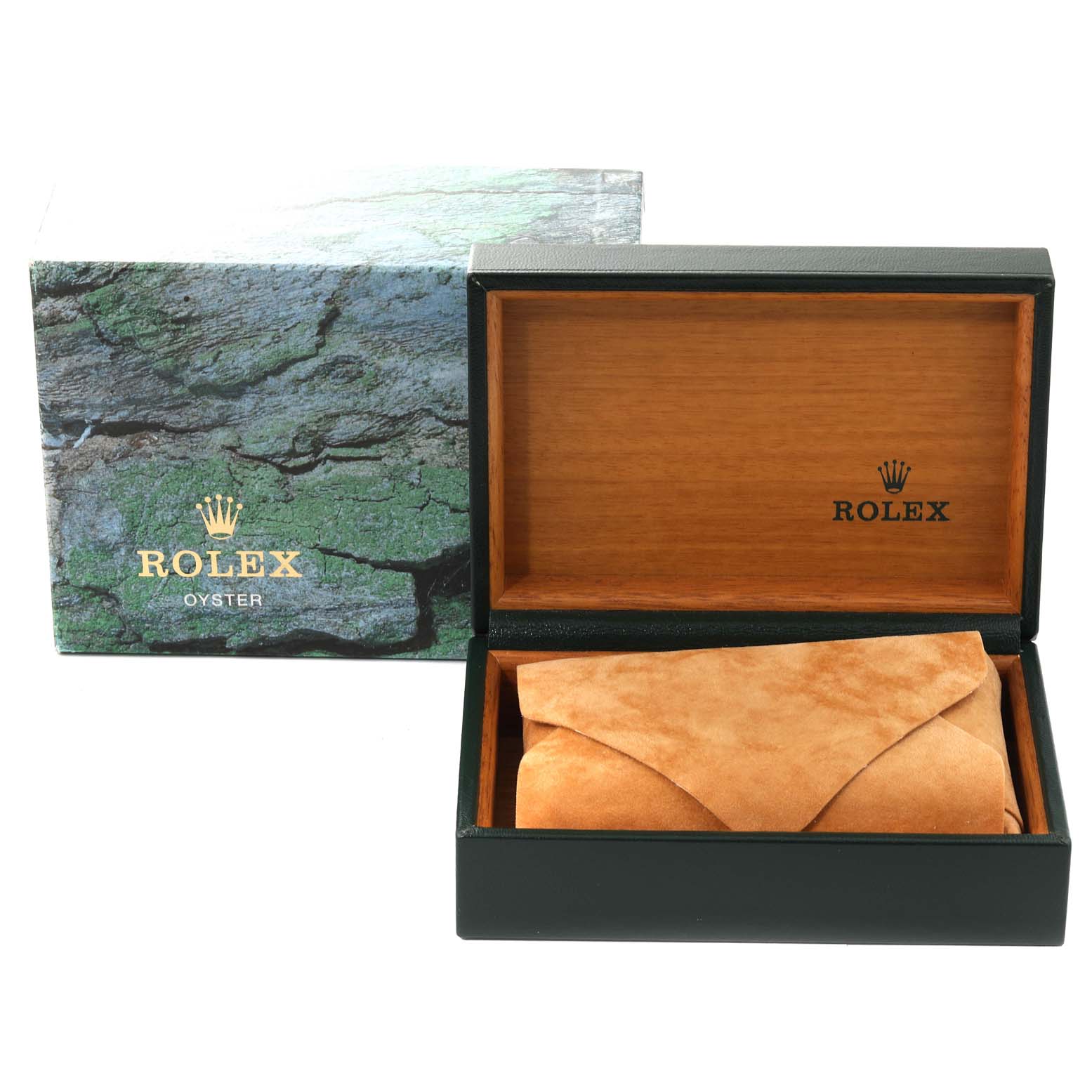 The image shows a Rolex Datejust 16234G Men's Stainless Steel Black Dial 16234G Men's Stainless Steel Black Dial watch box and a protective suede pouch seen from a front angle.