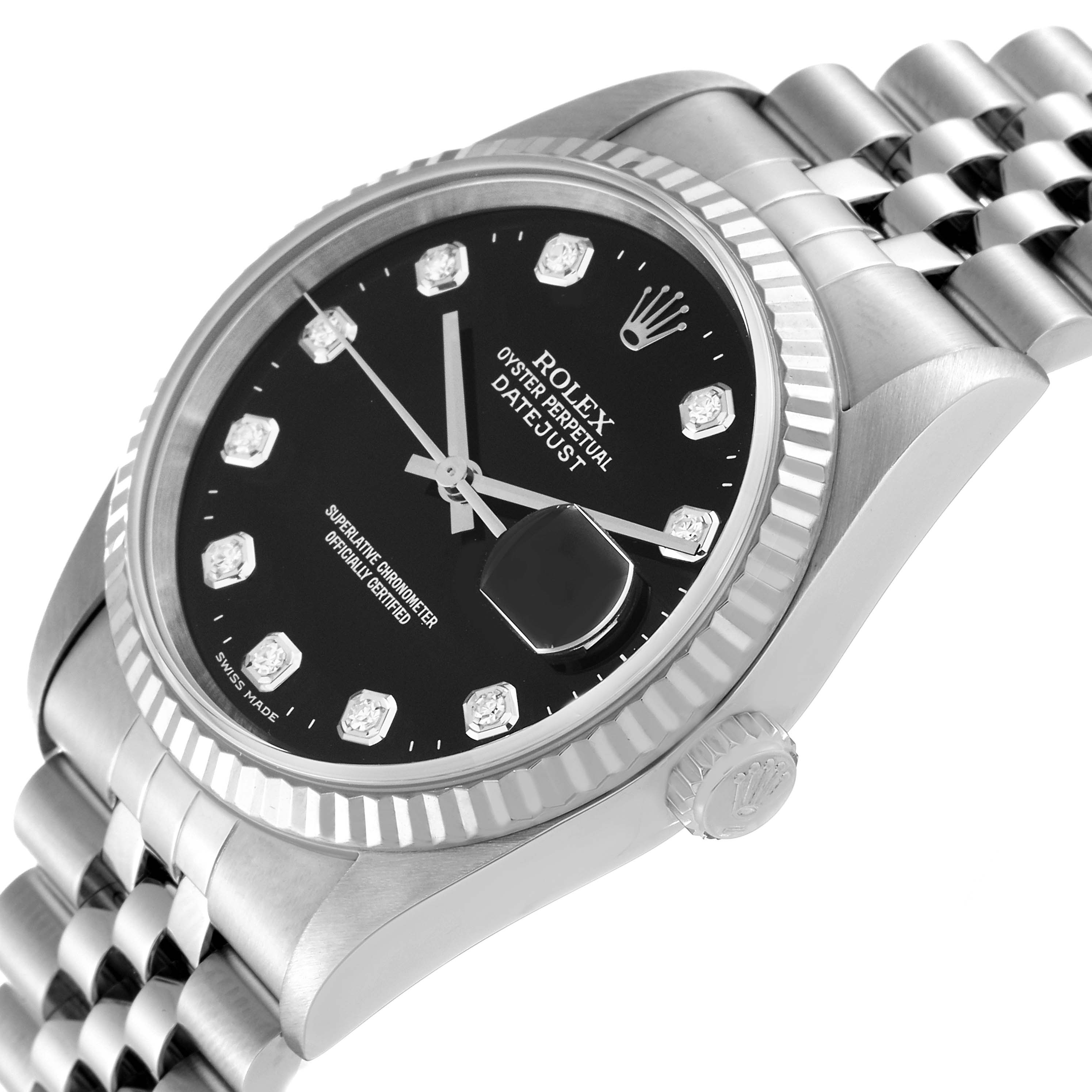 This image shows a close-up angled view of the Rolex Datejust 16234G Men's Stainless Steel Black Dial 16234G Men's Stainless Steel Black Dial watch, highlighting the dial, bezel, crown, and bracelet.