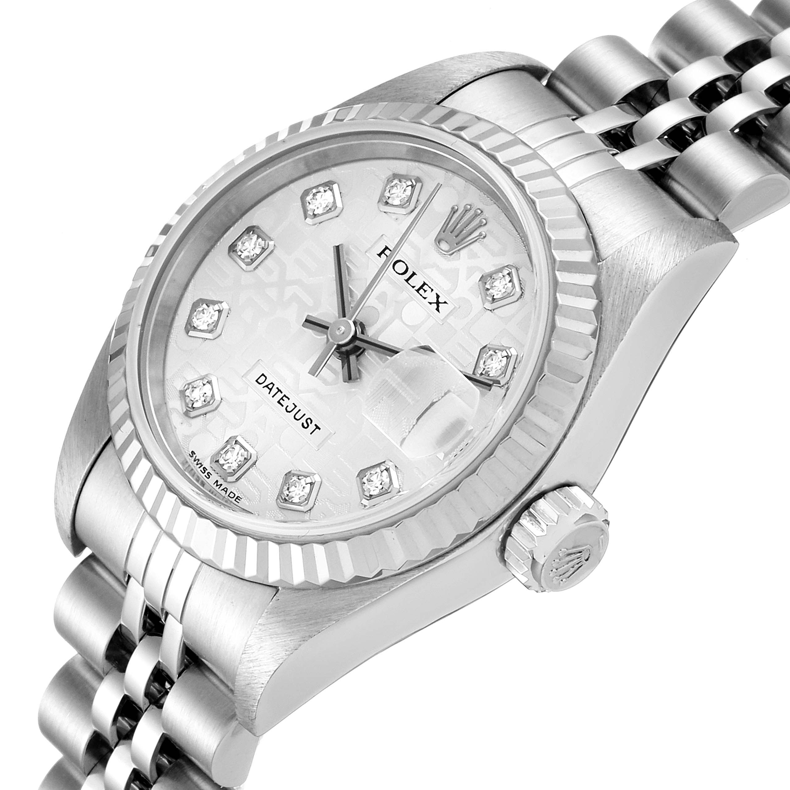 The image shows the Rolex Datejust 79174 Women's Stainless Steel Silver Dial 79174 Women's Stainless Steel Silver Dial watch from an angled top view, highlighting the face, bezel, crown, and bracelet.