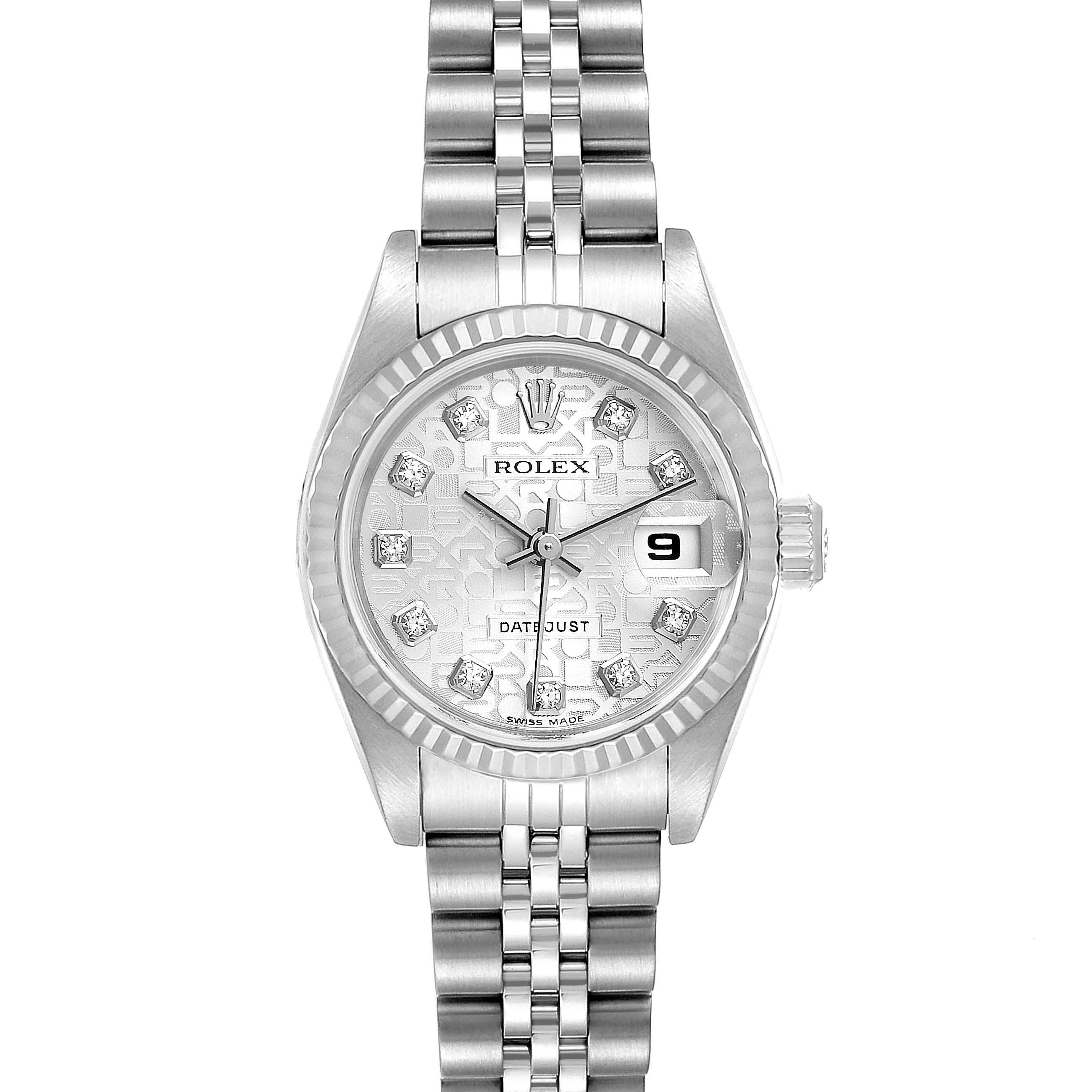 The image shows a front view of the Rolex Datejust 79174 Women's Stainless Steel Silver Dial 79174 Women's Stainless Steel Silver Dial watch, highlighting its face, bezel, bracelet, and date window.