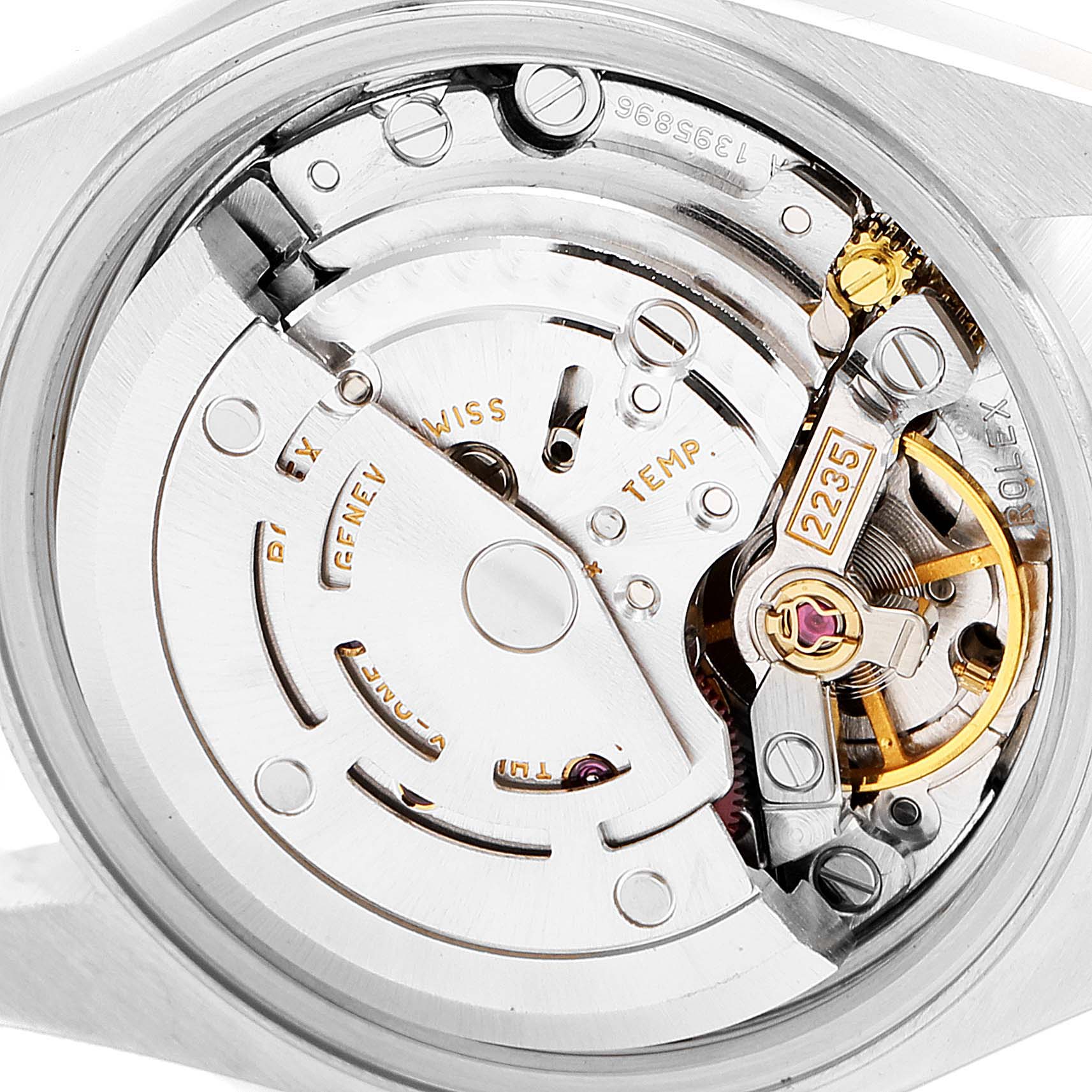 This image shows a close-up view of the movement and internal mechanisms of a Rolex Datejust 79174 Women's Stainless Steel Silver Dial 79174 Women's Stainless Steel Silver Dial watch.