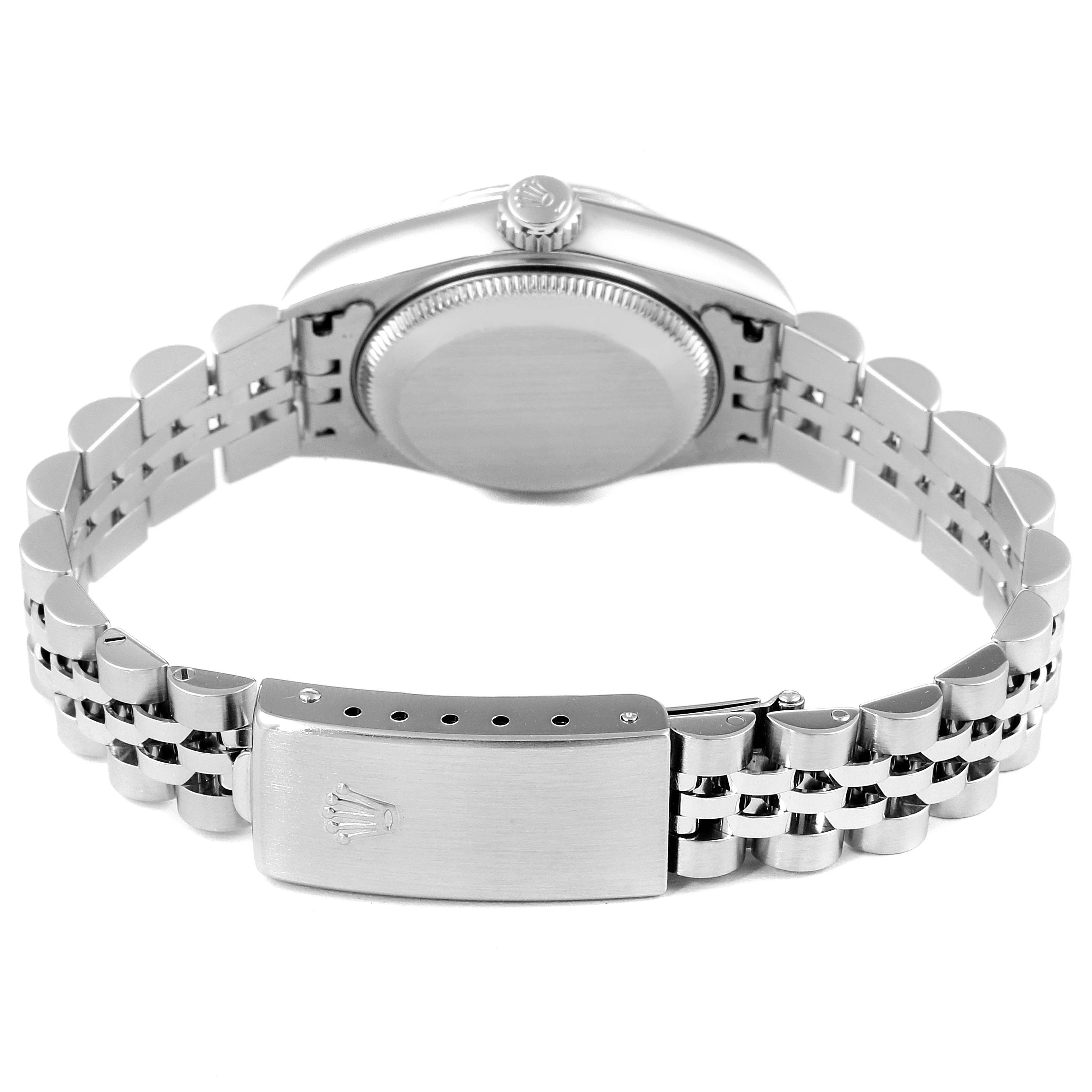 This image shows the Rolex Datejust 79174 Women's Stainless Steel Silver Dial 79174 Women's Stainless Steel Silver Dial watch from the back, highlighting its bracelet, clasp, and case back.