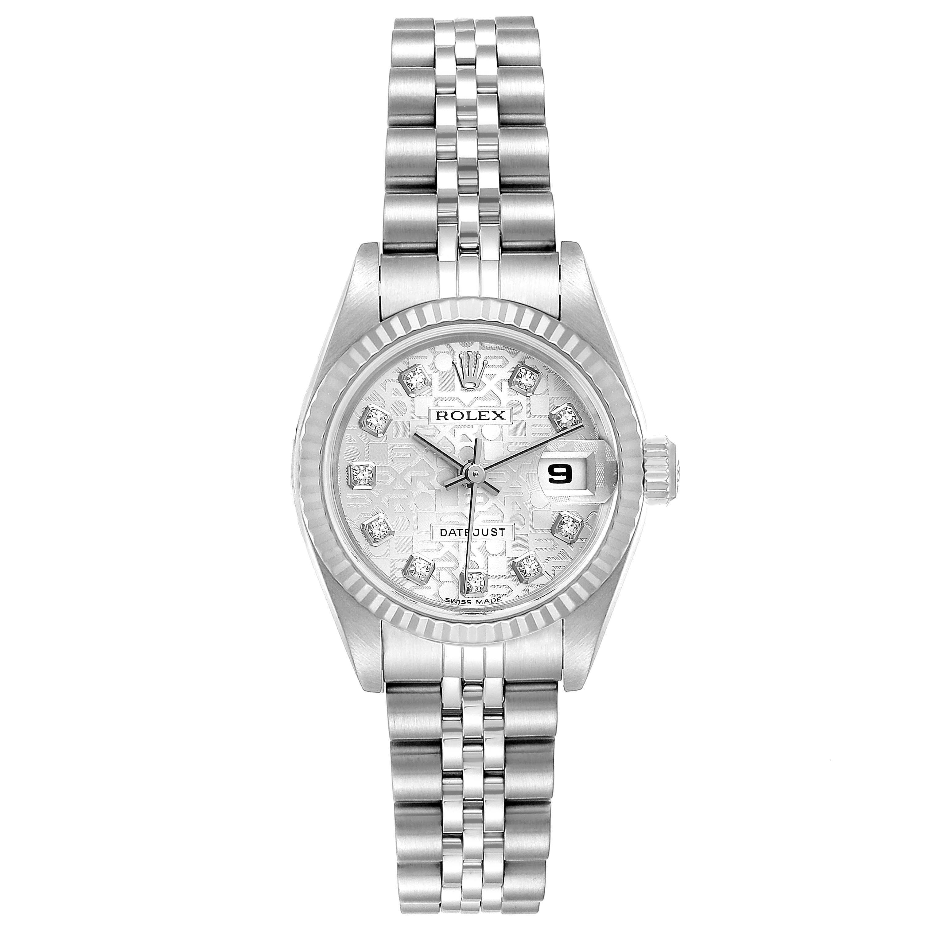 This image shows a front view of the Rolex Datejust 79174 Women's Stainless Steel Silver Dial 79174 Women's Stainless Steel Silver Dial watch, including its face, bezel, crown, and bracelet.