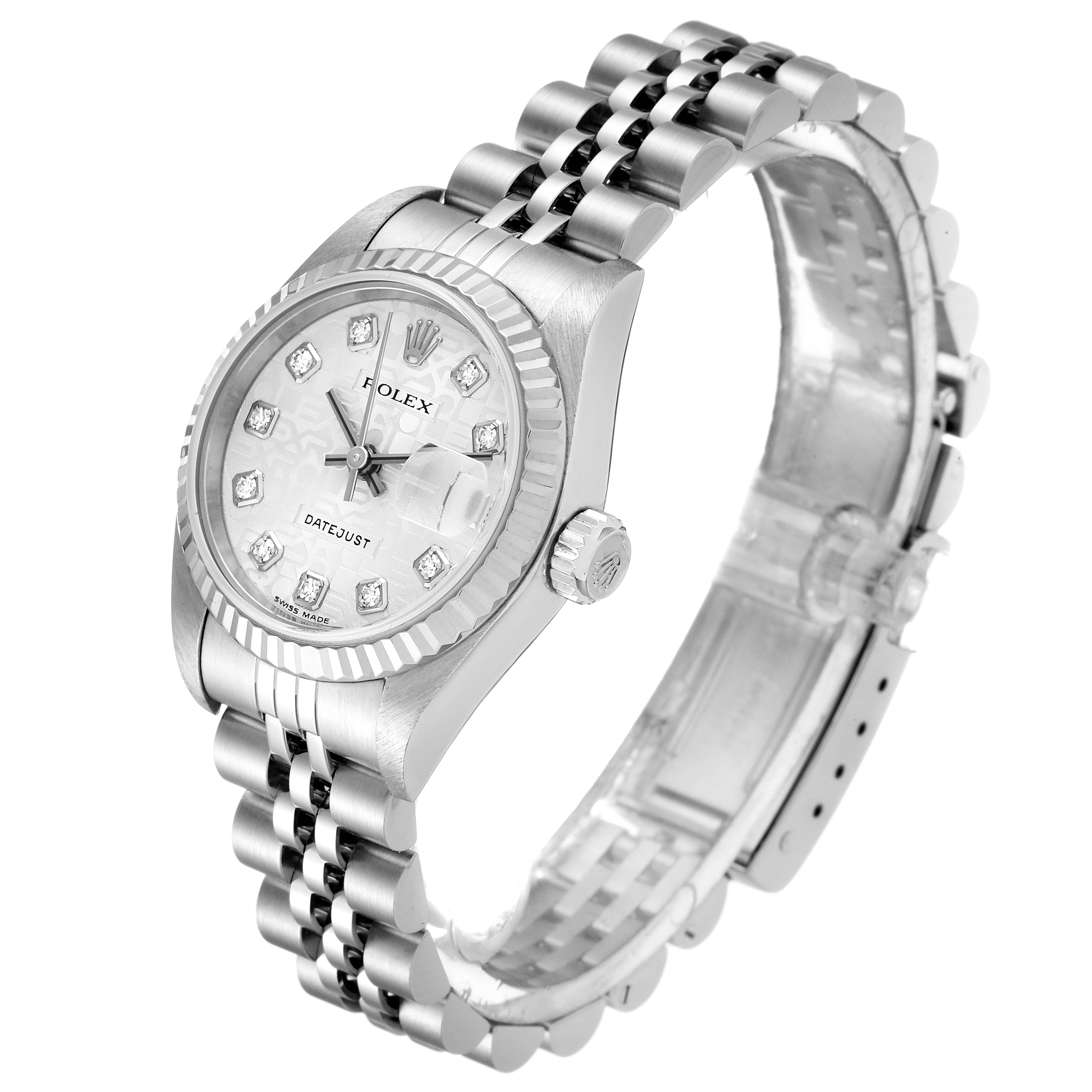 The image shows a side angle view of a Rolex Datejust 79174 Women's Stainless Steel Silver Dial 79174 Women's Stainless Steel Silver Dial watch, displaying its face, crown, and Jubilee bracelet.