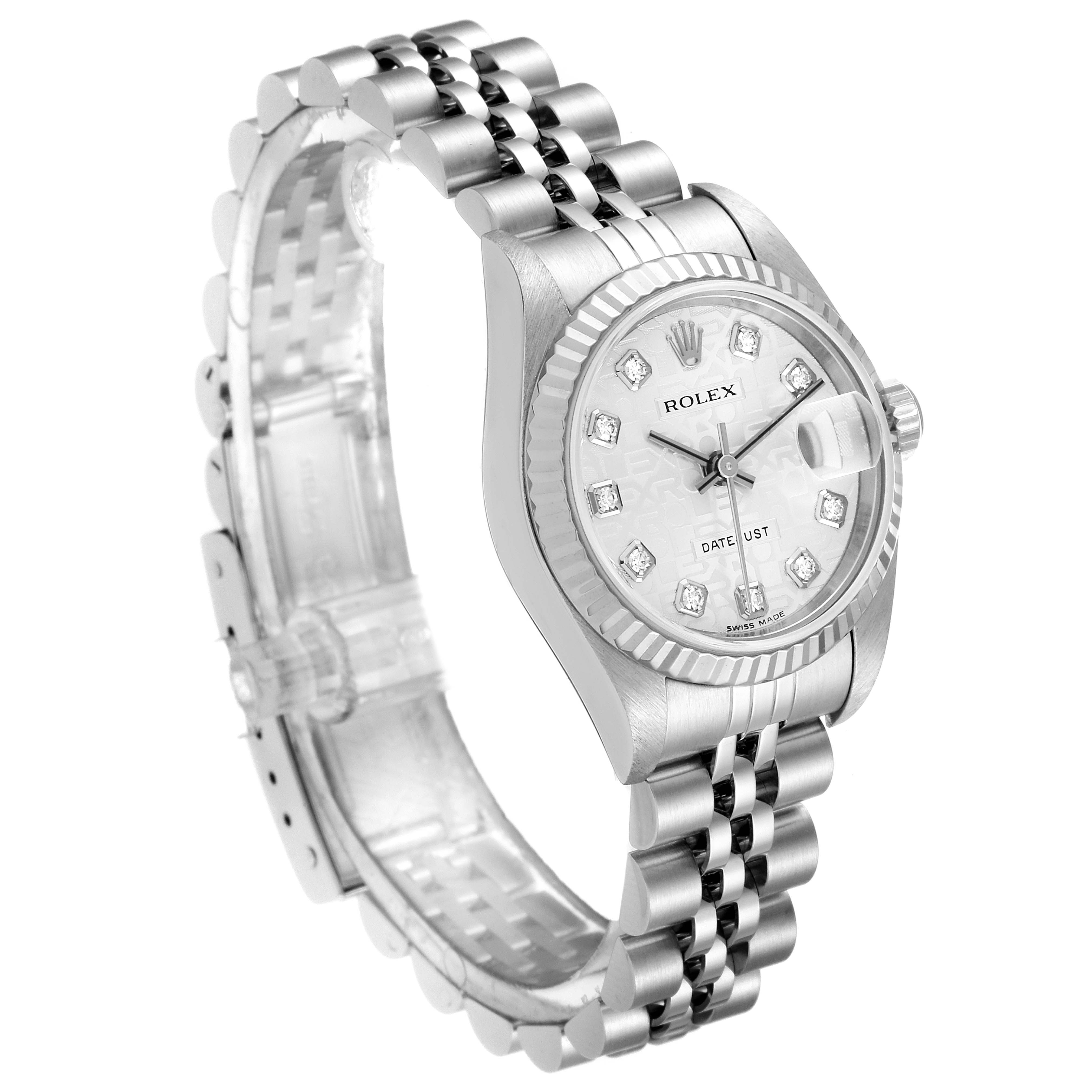 The image shows a Rolex Datejust 79174 Women's Stainless Steel Silver Dial 79174 Women's Stainless Steel Silver Dial watch from an angled side view, featuring the face, bezel, crown, and Jubilee bracelet.