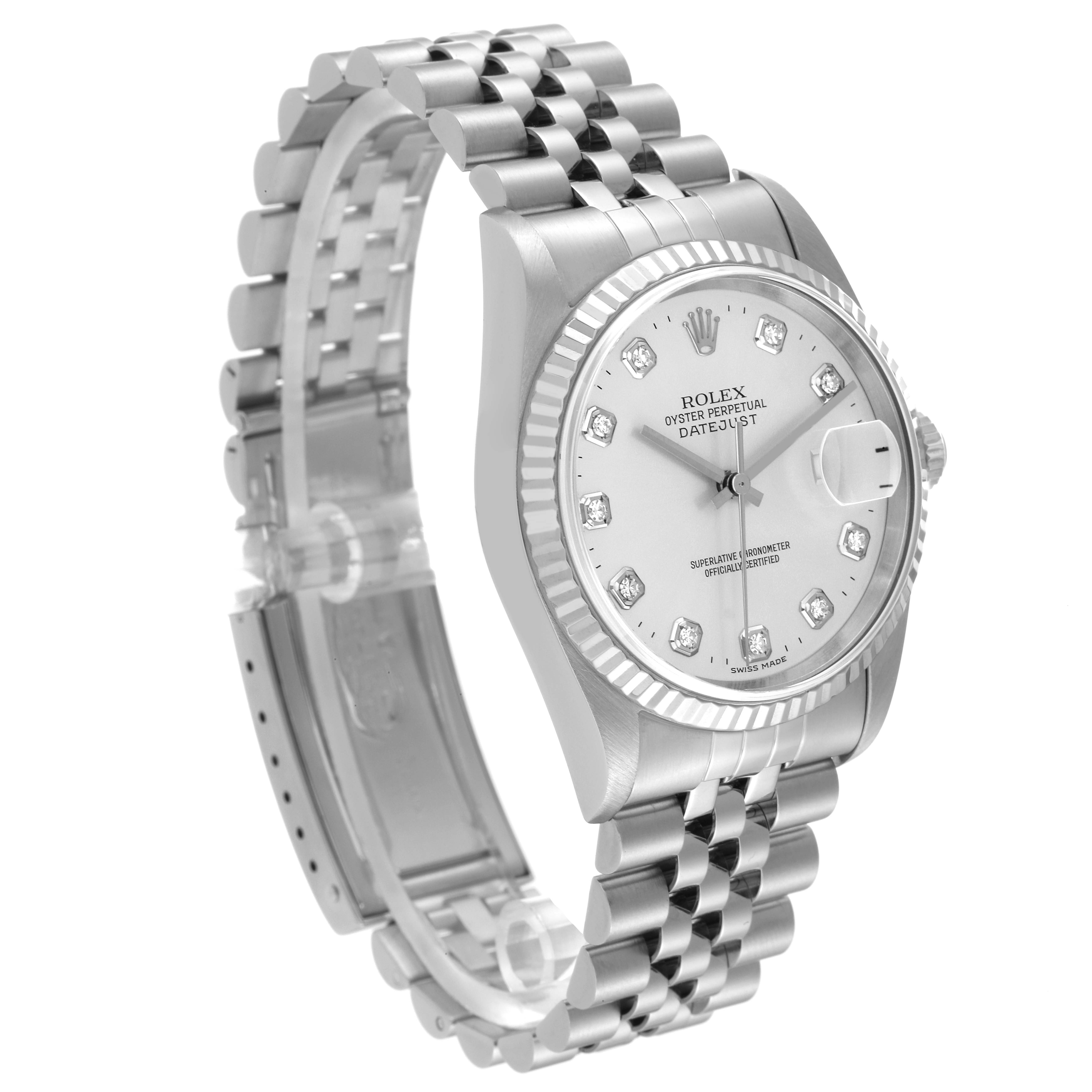 The image shows a side angle of the Rolex Datejust 16234 Men's Stainless Steel Silver Dial 16234 Men's Stainless Steel Silver Dial watch, displaying its face, bezel, and bracelet.