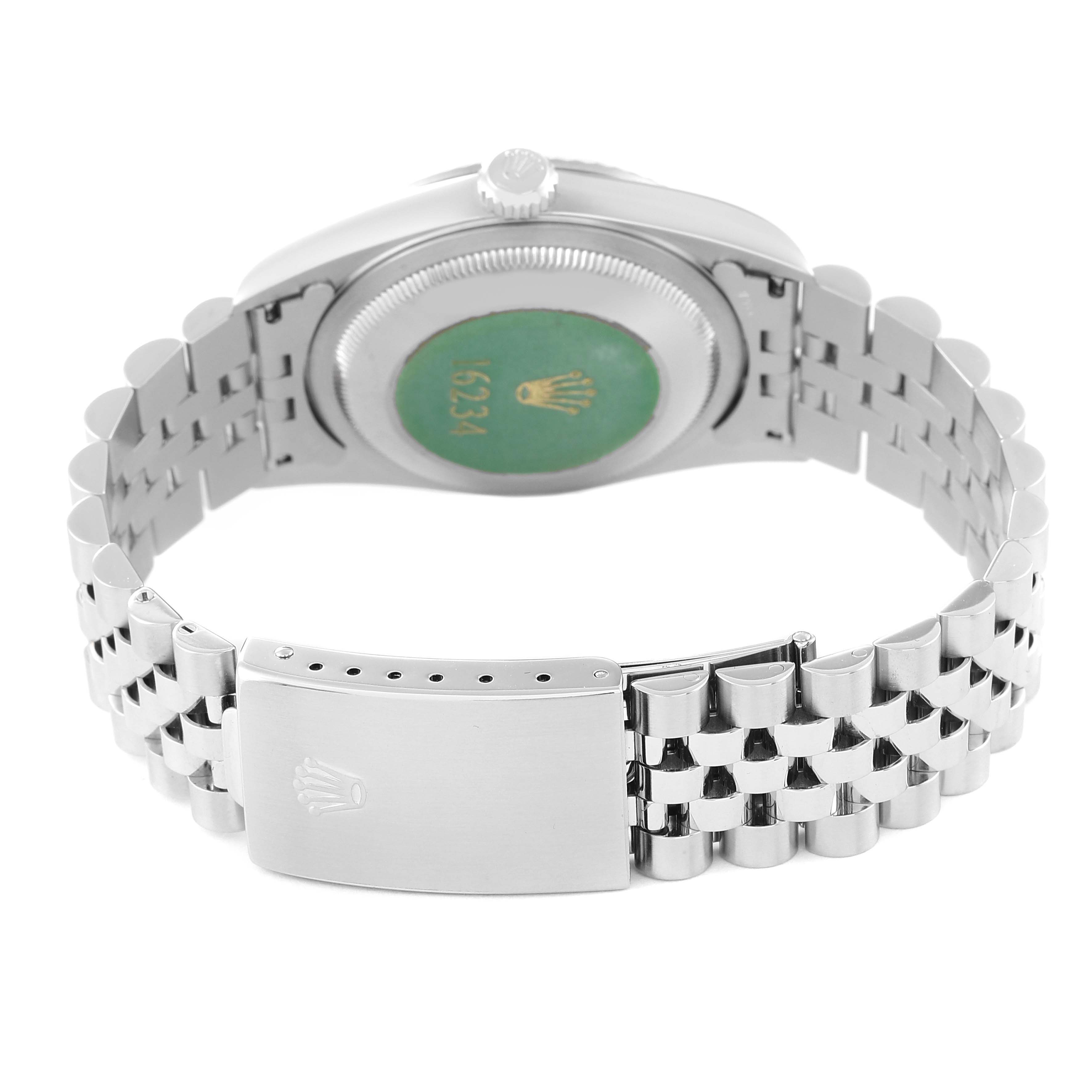 This image shows the back and bracelet of a Rolex Datejust 16234 Men's Stainless Steel Silver Dial 16234 Men's Stainless Steel Silver Dial watch, highlighting the clasp and case back.