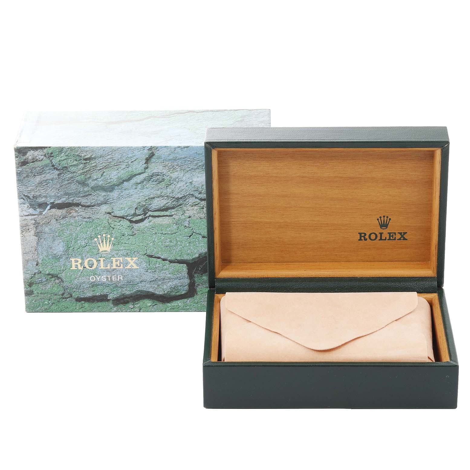 The image shows an open Rolex box displaying inner wood finish and an enclosed pouch, along with an outer green themed box.