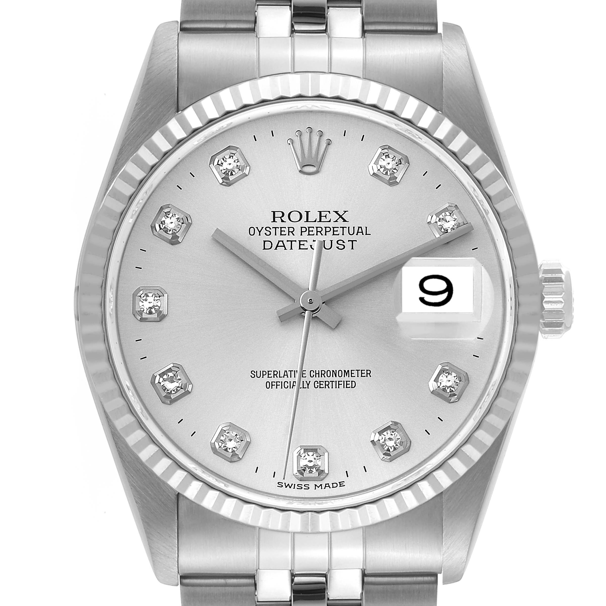 The image shows a front view of the Rolex Datejust 16234 Men's Stainless Steel Silver Dial 16234 Men's Stainless Steel Silver Dial watch, highlighting its dial, bezel, hands, date window, and part of the bracelet.