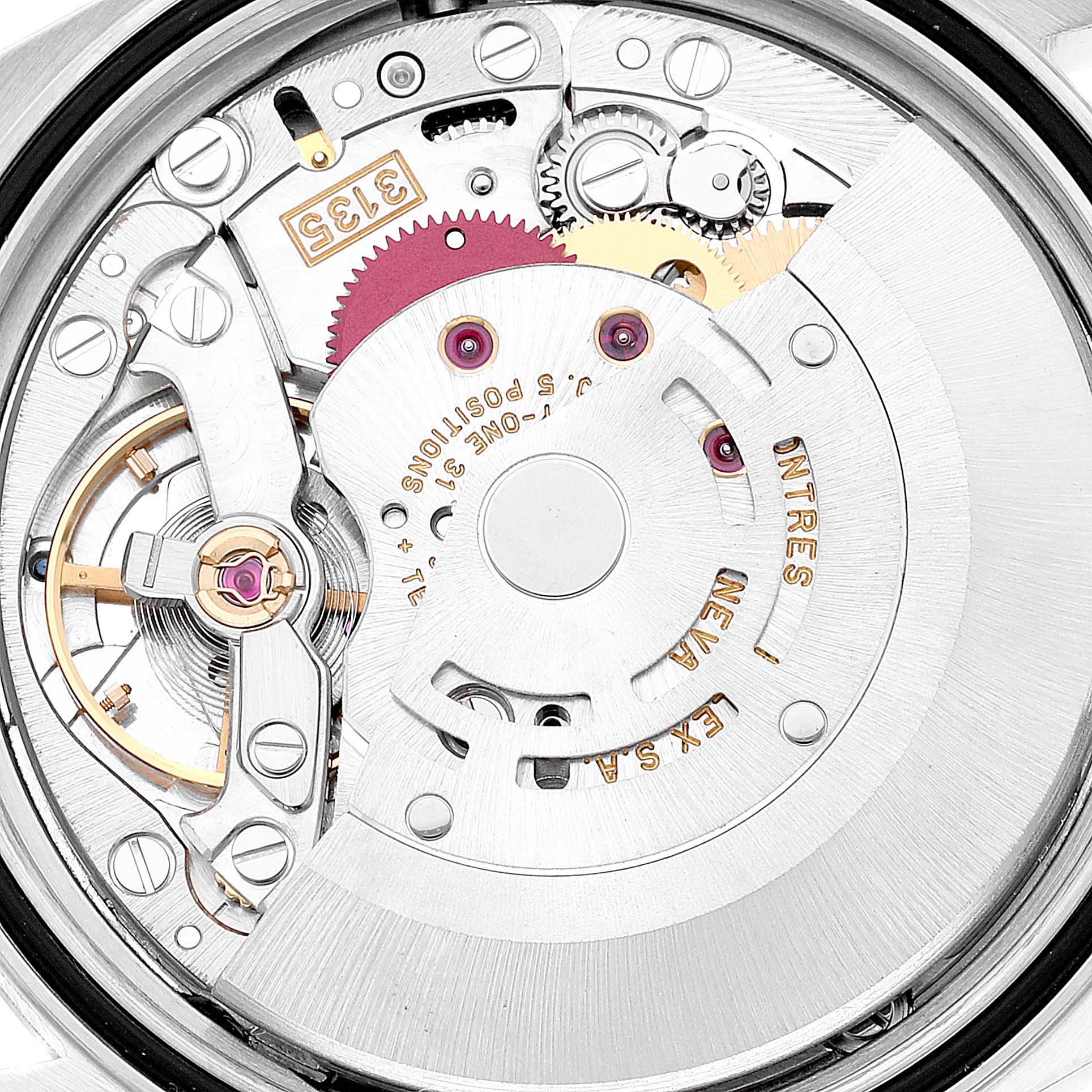 The image shows the internal movement mechanism of a Rolex Datejust 16234 Men's Stainless Steel Silver Dial 16234 Men's Stainless Steel Silver Dial watch from a rear angle.