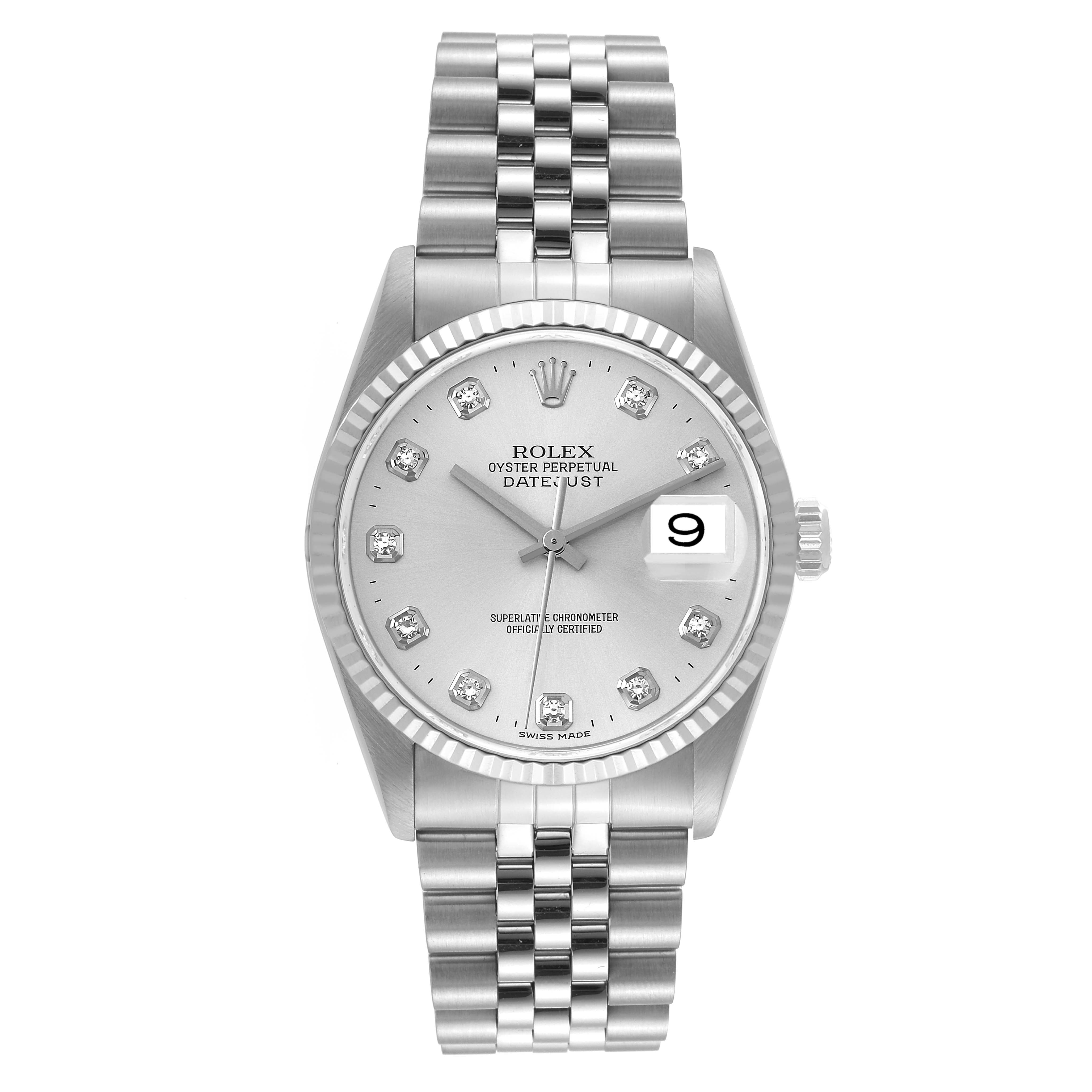 The Rolex Datejust 16234 Men's Stainless Steel Silver Dial 16234 Men's Stainless Steel Silver Dial watch is shown from the front, highlighting its silver dial, fluted bezel, and Jubilee bracelet.