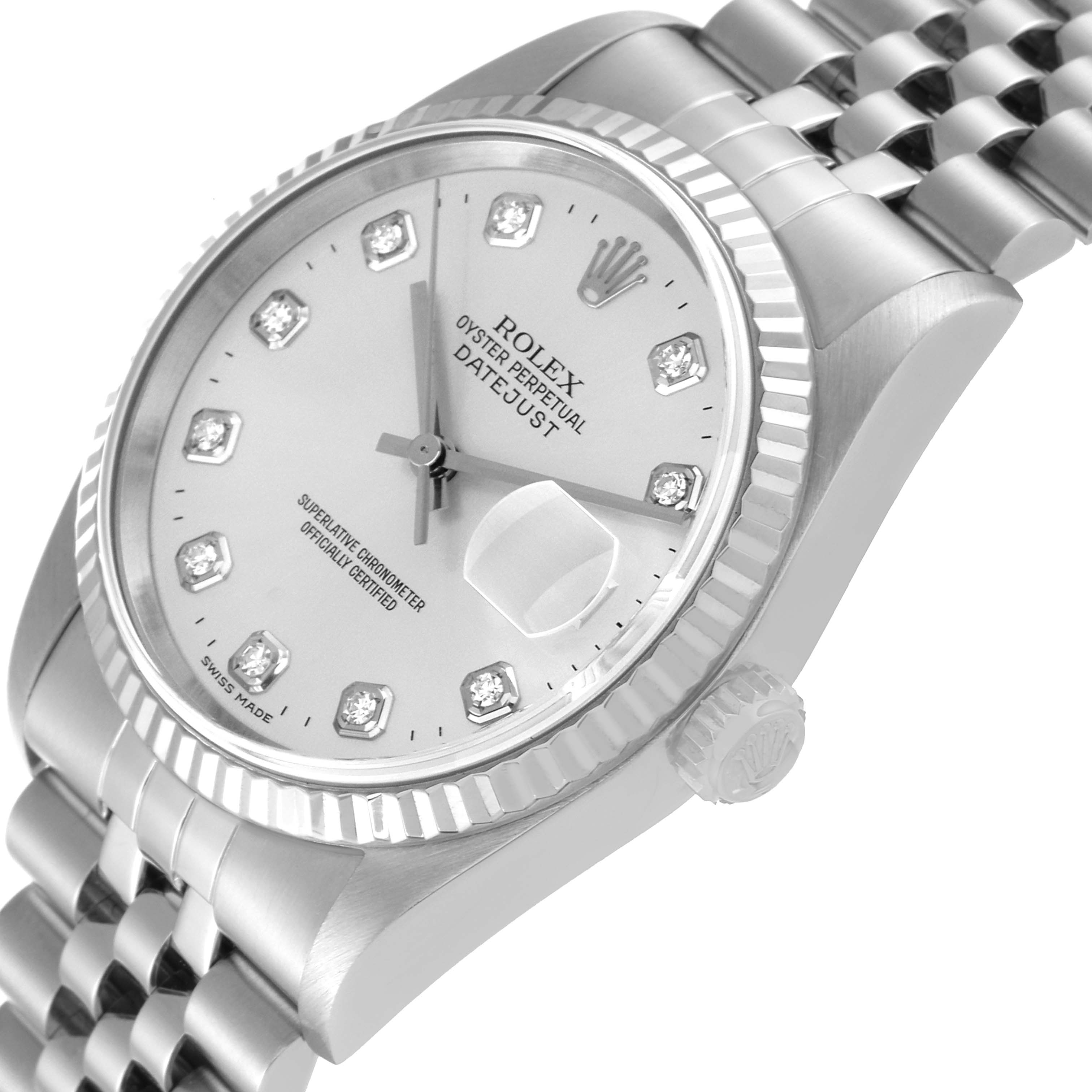 The image shows a close-up, angled view of a Rolex Datejust 16234 Men's Stainless Steel Silver Dial 16234 Men's Stainless Steel Silver Dial watch, highlighting its face, crown, and bracelet.
