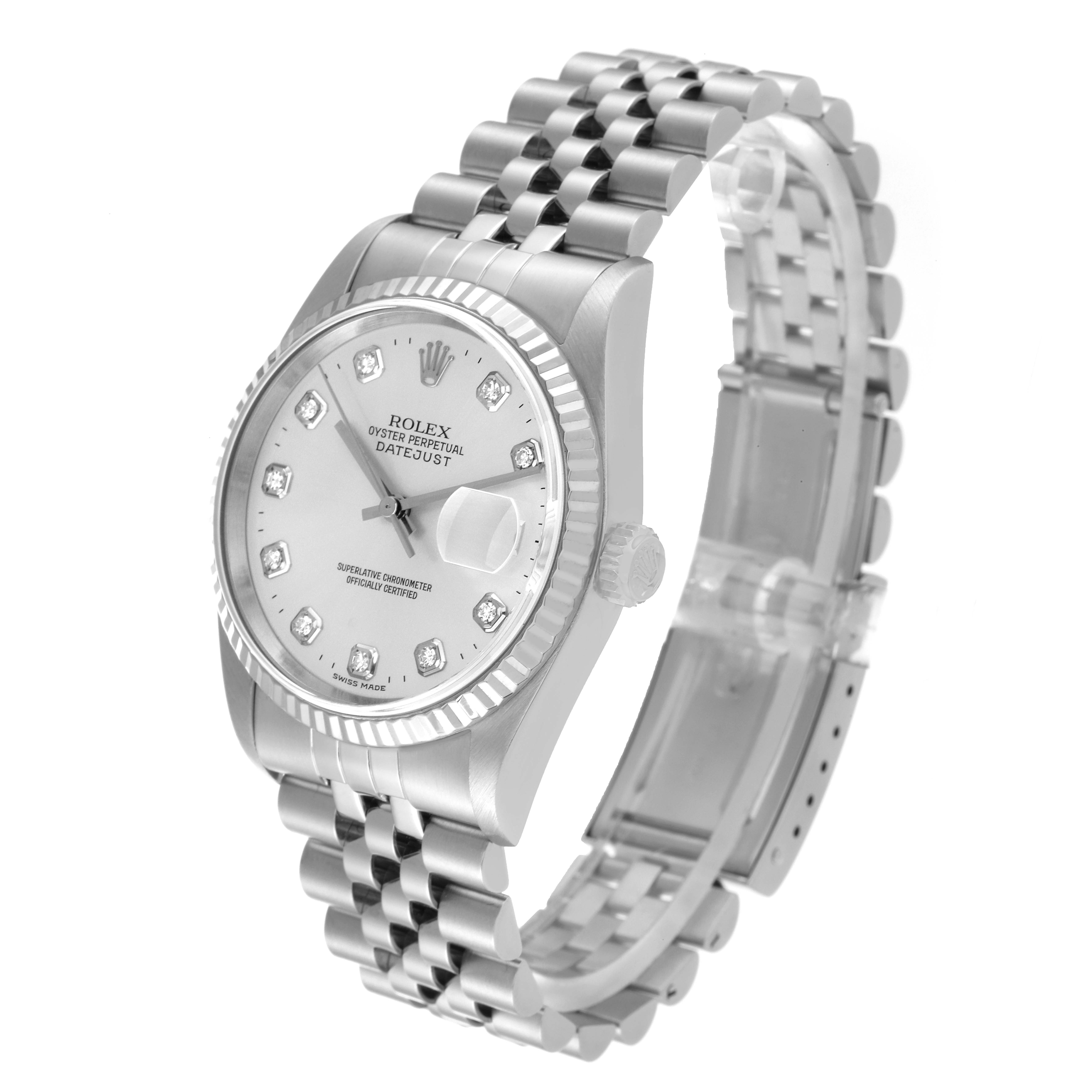 The Rolex Datejust 16234 Men's Stainless Steel Silver Dial 16234 Men's Stainless Steel Silver Dial watch is shown at a three-quarter angle, highlighting the dial, bezel, and jubilee bracelet.