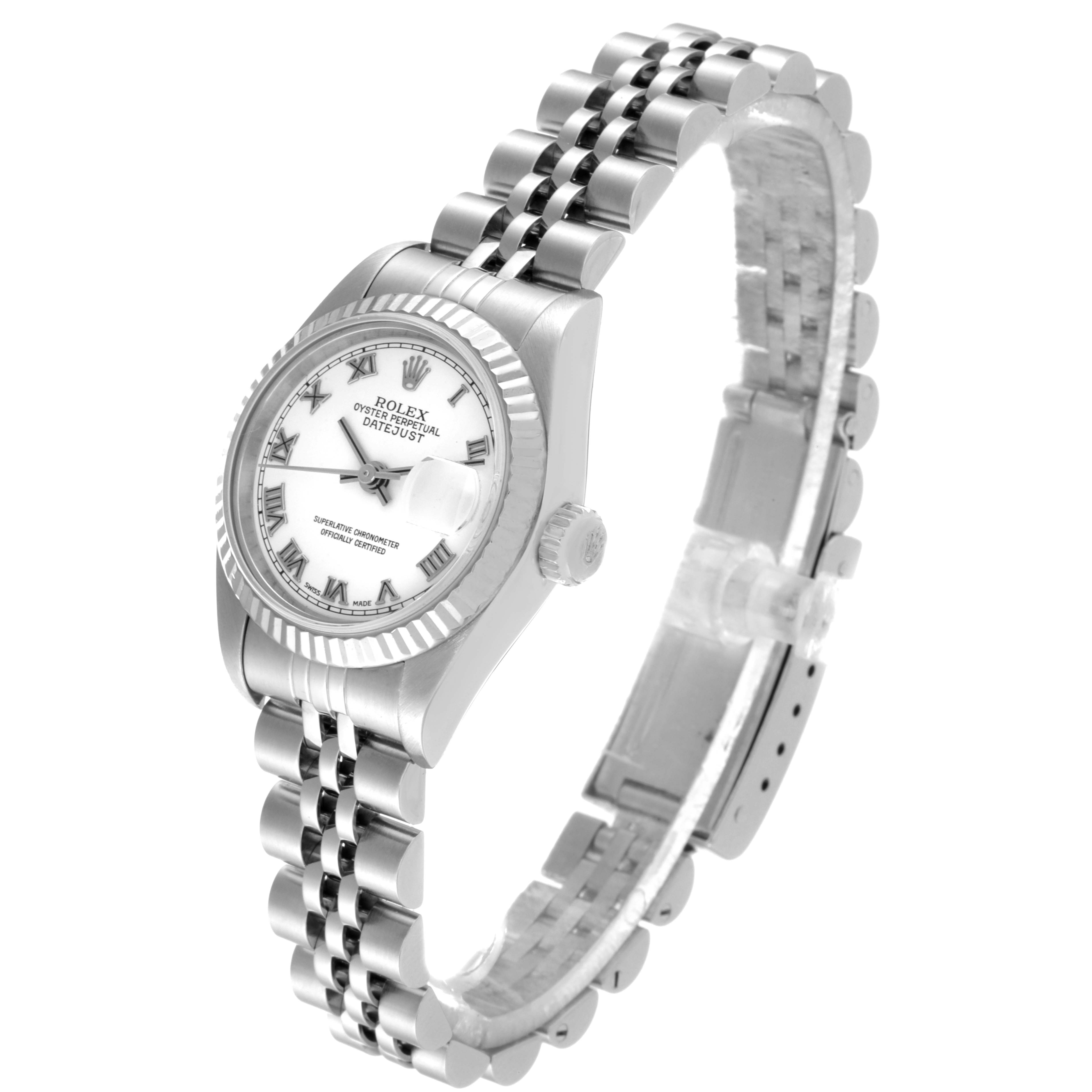 The image shows a Rolex Datejust 79174 Women's Stainless Steel White Dial 79174 Women's Stainless Steel White Dial watch from a side angle, with a focus on the dial, bezel, crown, and Jubilee bracelet.
