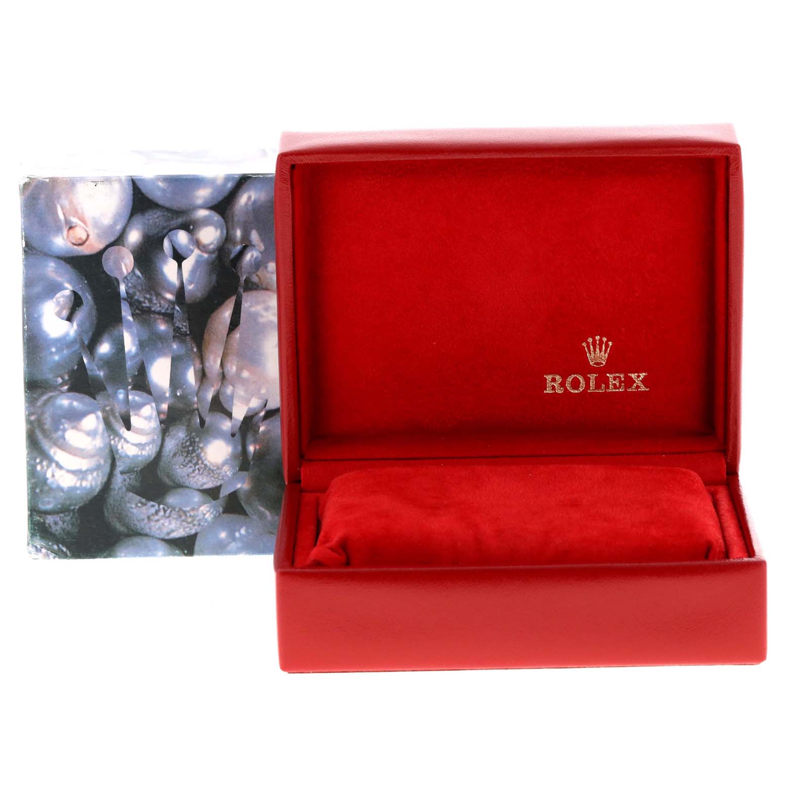 The image shows an open red Rolex Datejust 79174 Women's Stainless Steel White Dial 79174 Women's Stainless Steel White Dial watch box and its packaging, viewed from the front.