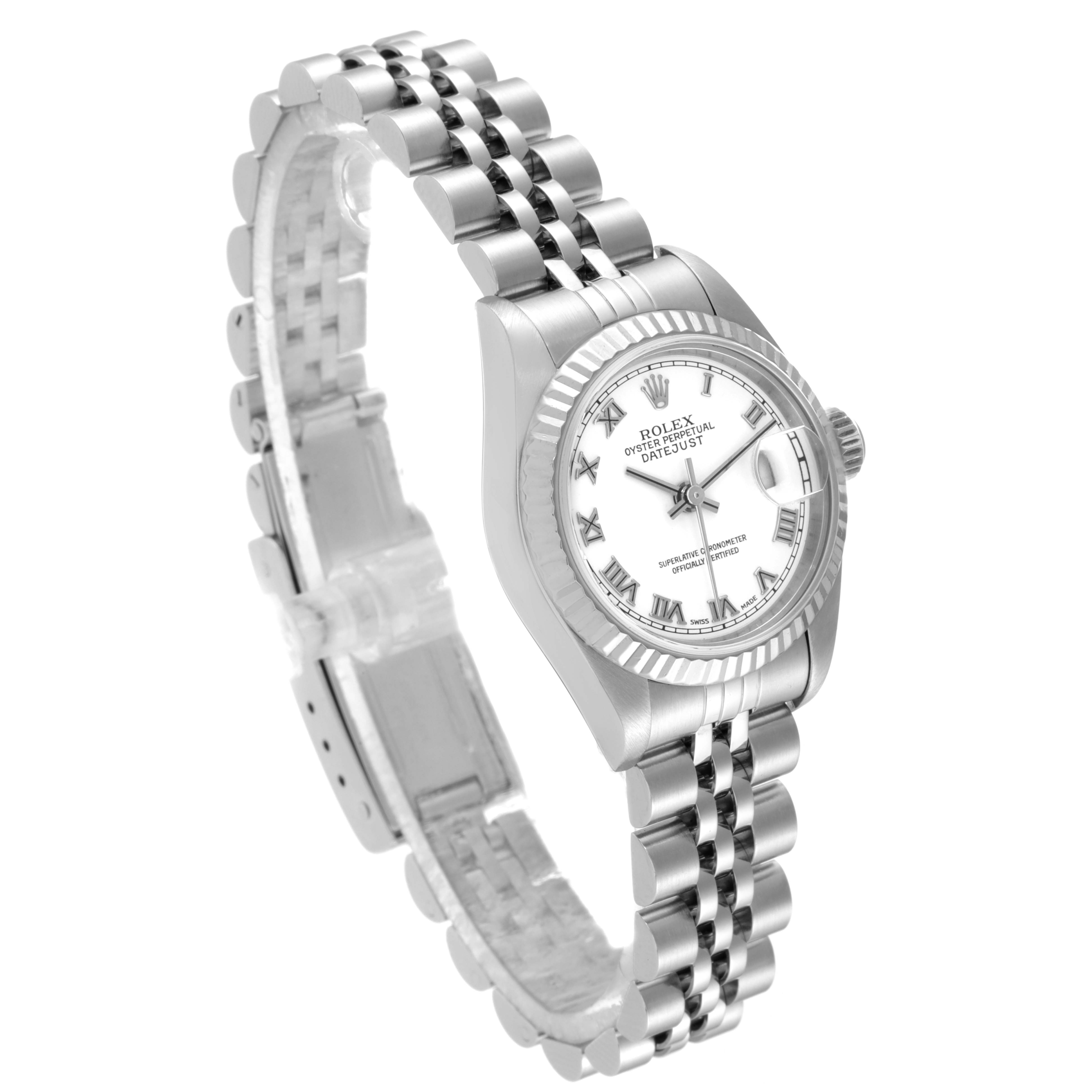 The Rolex Datejust 79174 Women's Stainless Steel White Dial 79174 Women's Stainless Steel White Dial watch is shown at a three-quarter angle, displaying the face, bezel, and bracelet.