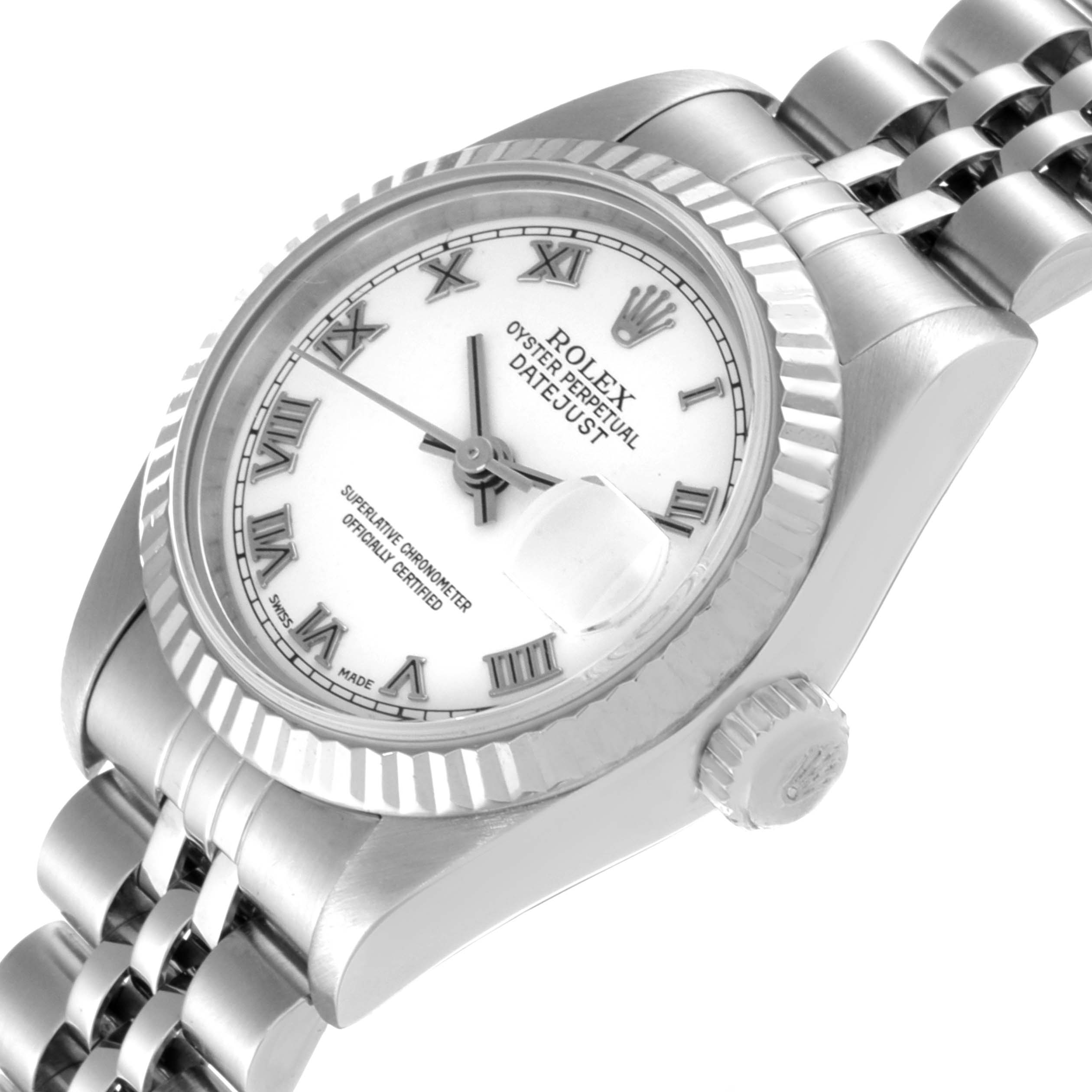 The image shows a close-up of the face, bezel, crown, and part of the bracelet of a Rolex Datejust 79174 Women's Stainless Steel White Dial 79174 Women's Stainless Steel White Dial watch at an oblique angle.