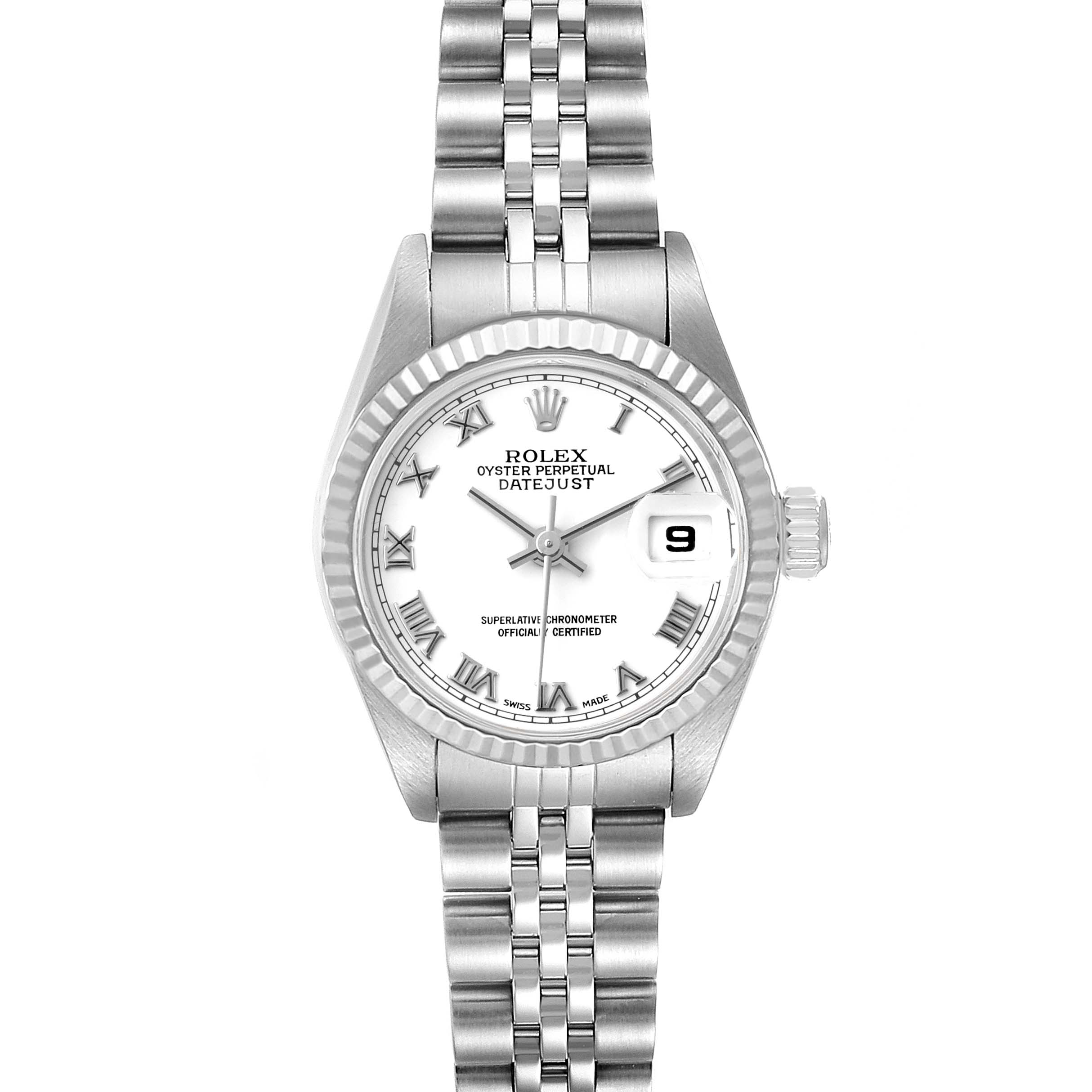 This image shows a full front view of a Rolex Datejust 79174 Women's Stainless Steel White Dial 79174 Women's Stainless Steel White Dial watch, highlighting the face, bezel, and bracelet.