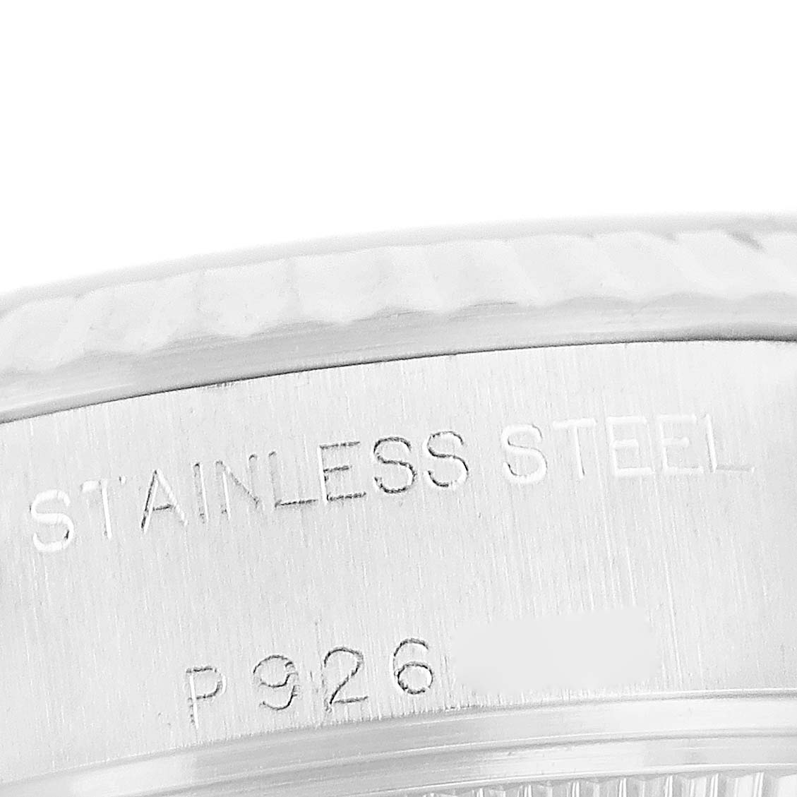 This image shows a close-up of the stainless steel case side of a Rolex Datejust 79174 Women's Stainless Steel White Dial 79174 Women's Stainless Steel White Dial watch.
