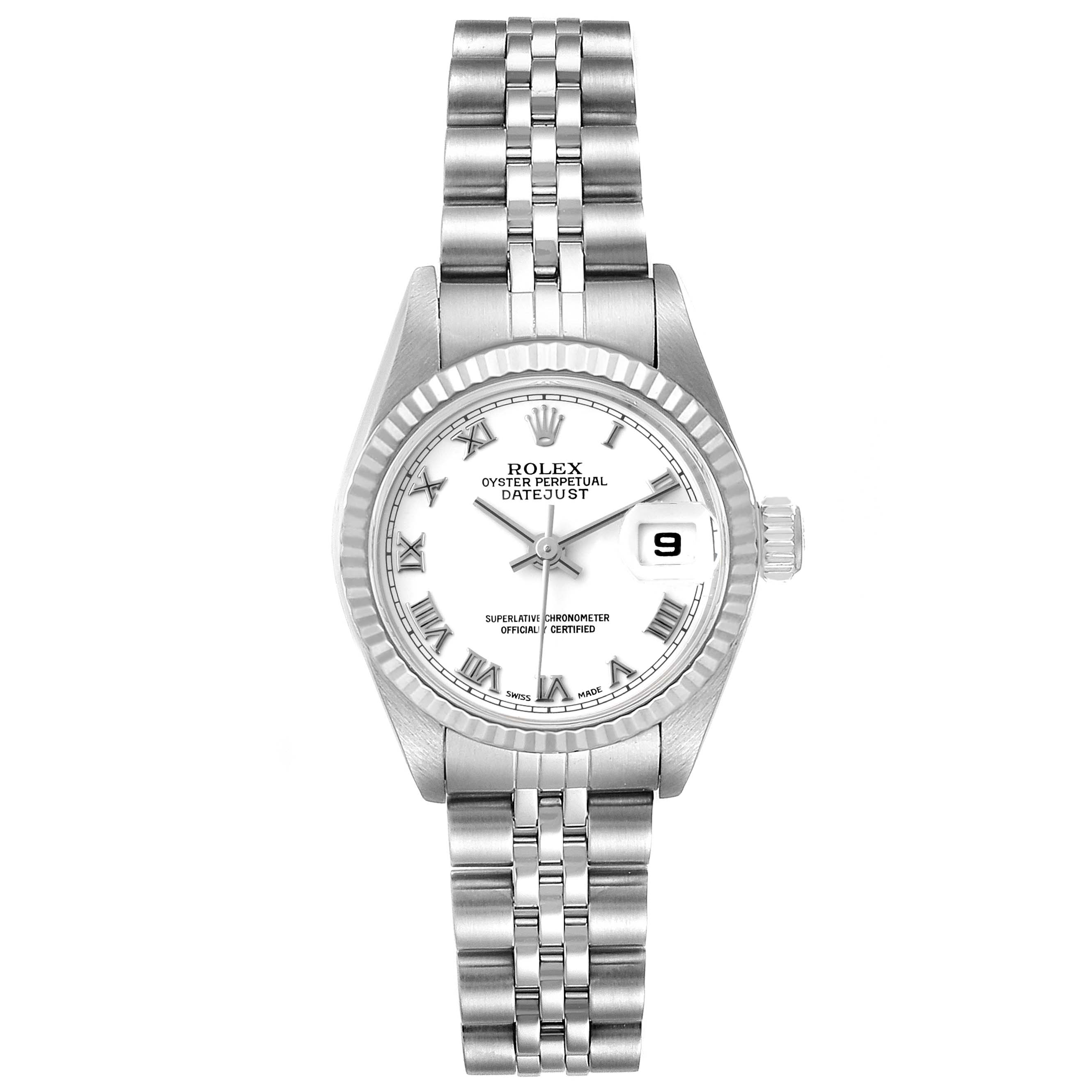 The image shows a front view of the Rolex Datejust 79174 Women's Stainless Steel White Dial 79174 Women's Stainless Steel White Dial watch, displaying the dial, bezel, bracelet, and crown.