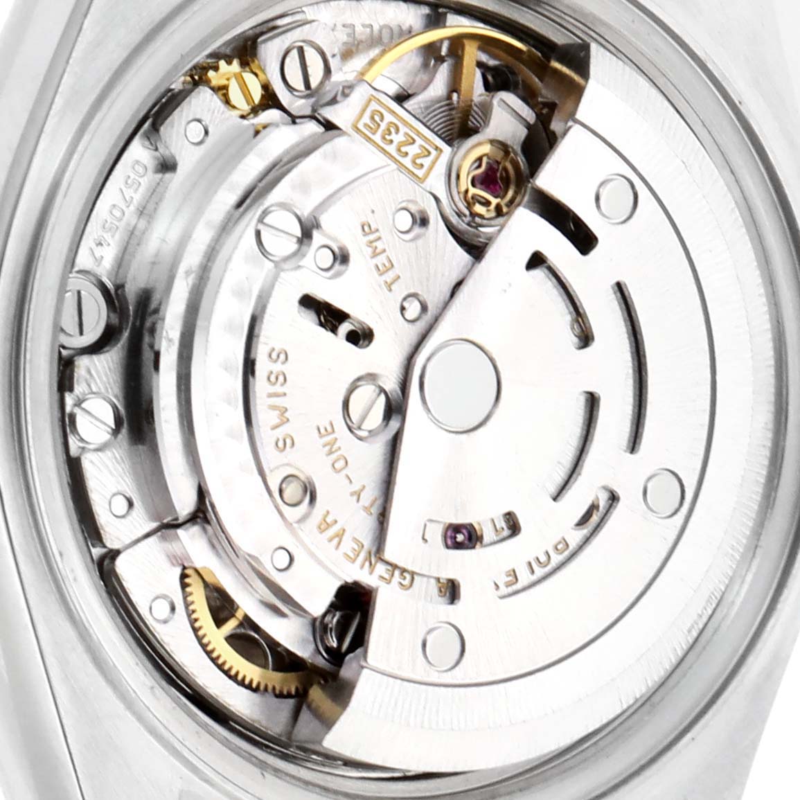 This image shows the internal mechanism of a Rolex Datejust 79174 Women's Stainless Steel White Dial 79174 Women's Stainless Steel White Dial watch, viewed from the back.