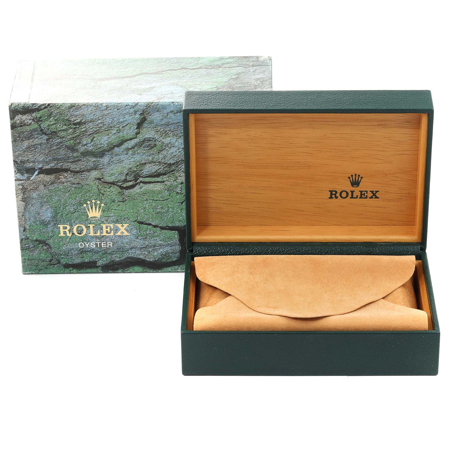 The image shows the open box of a Rolex Datejust 16233 Men's Steel and Gold (two tone) Champagne Dial 16233 Men's Steel and Gold (two tone) Champagne Dial, revealing a suede pouch inside, and a closed outer box with the Rolex logo.