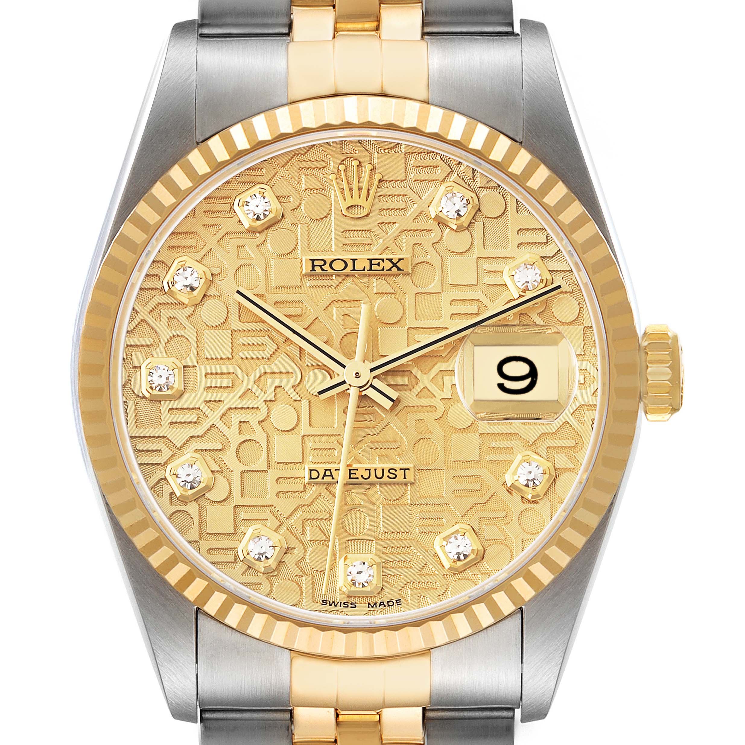 The image shows a front view of the Rolex Datejust 16233 Men's Steel and Gold (two tone) Champagne Dial 16233 Men's Steel and Gold (two tone) Champagne Dial watch, highlighting its gold dial, fluted bezel, bracelet, and date window at 3 o'clock.
