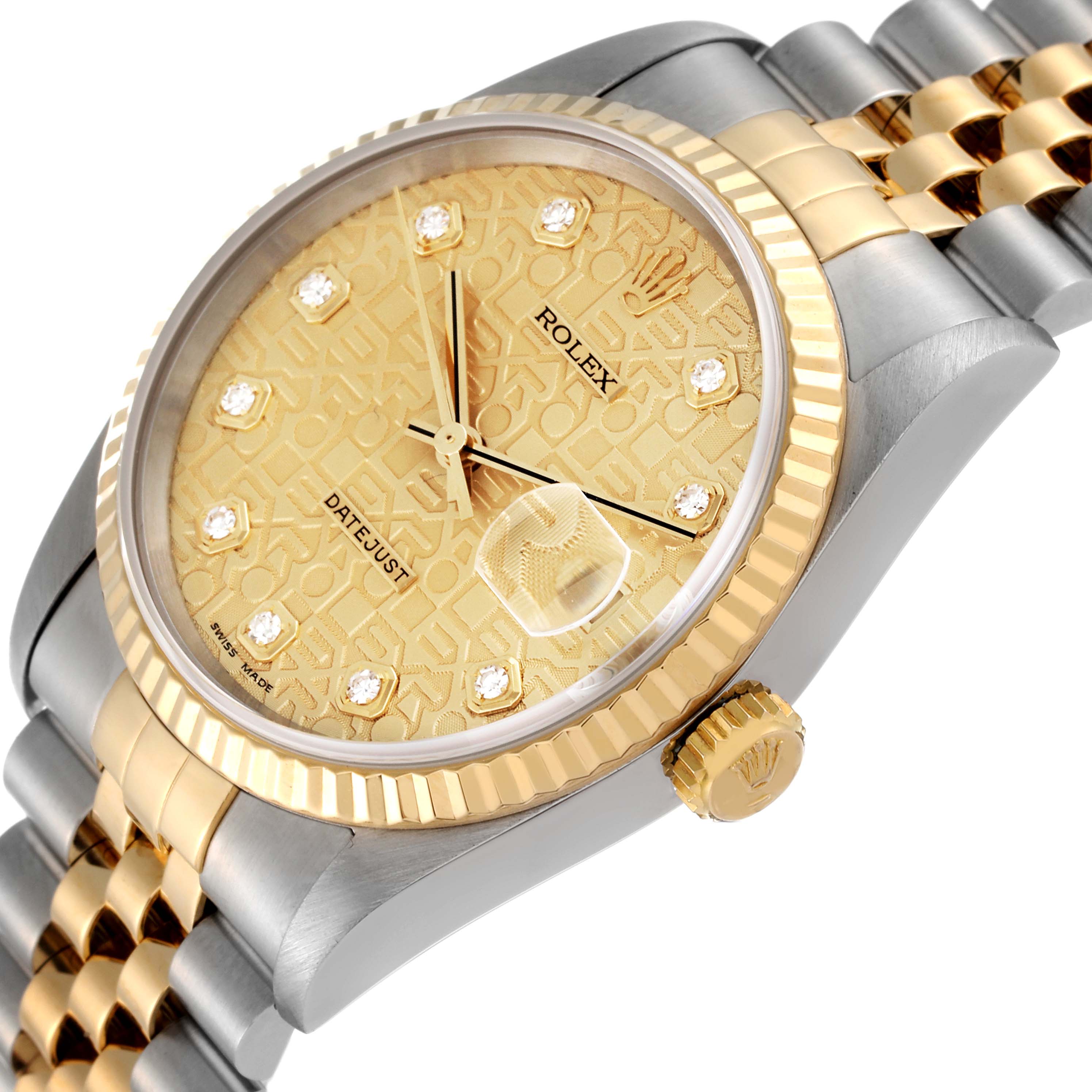 The image shows a close-up, angled view of the Rolex Datejust 16233 Men's Steel and Gold (two tone) Champagne Dial 16233 Men's Steel and Gold (two tone) Champagne Dial watch, highlighting its dial, bezel, and part of the bracelet.
