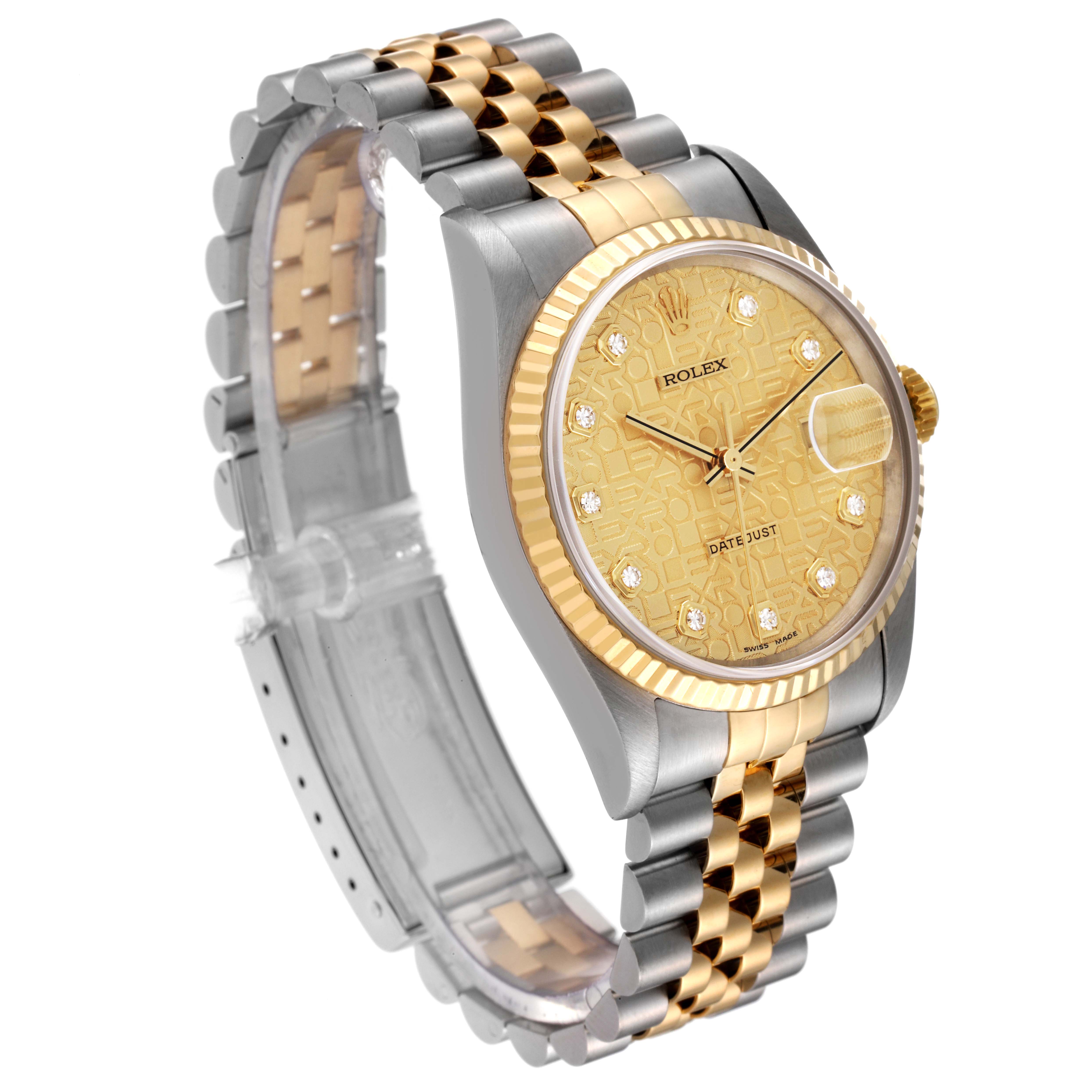The Rolex Datejust 16233 Men's Steel and Gold (two tone) Champagne Dial 16233 Men's Steel and Gold (two tone) Champagne Dial watch is shown at an angle displaying the face, bezel, and two-tone metal bracelet.
