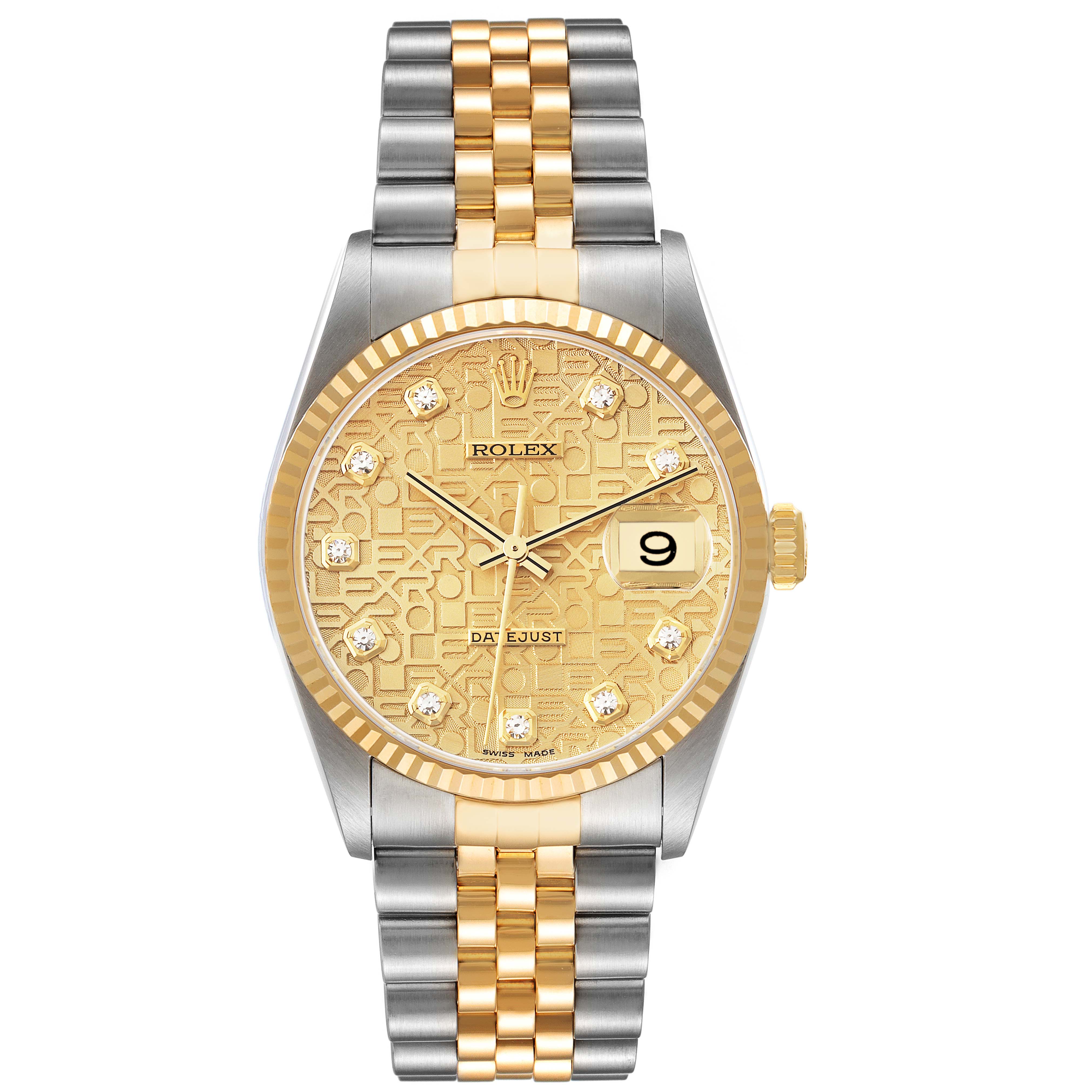 This image shows a front view of a Rolex Datejust 16233 Men's Steel and Gold (two tone) Champagne Dial 16233 Men's Steel and Gold (two tone) Champagne Dial watch highlighting its dial, bracelet, and date window.